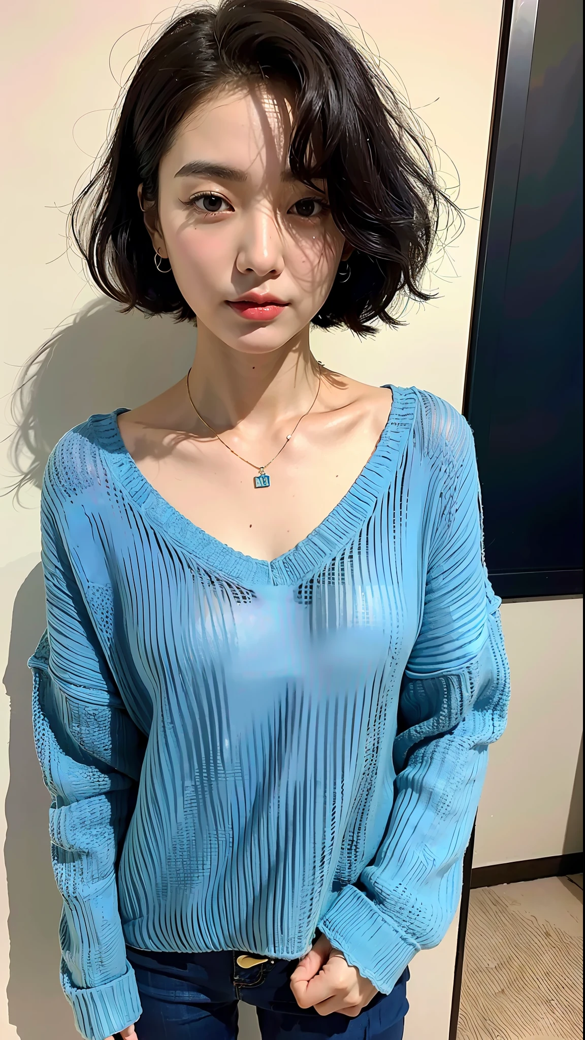 (Best quality, 8k, 32k, masterpiece, UHD: 1.2), photo beautiful Japanese woman, room, exquisite facial features, perfect figure, short blue curly hair, full body photo, oversized_sweater, necklace, simple background, from above, looking at the viewer,