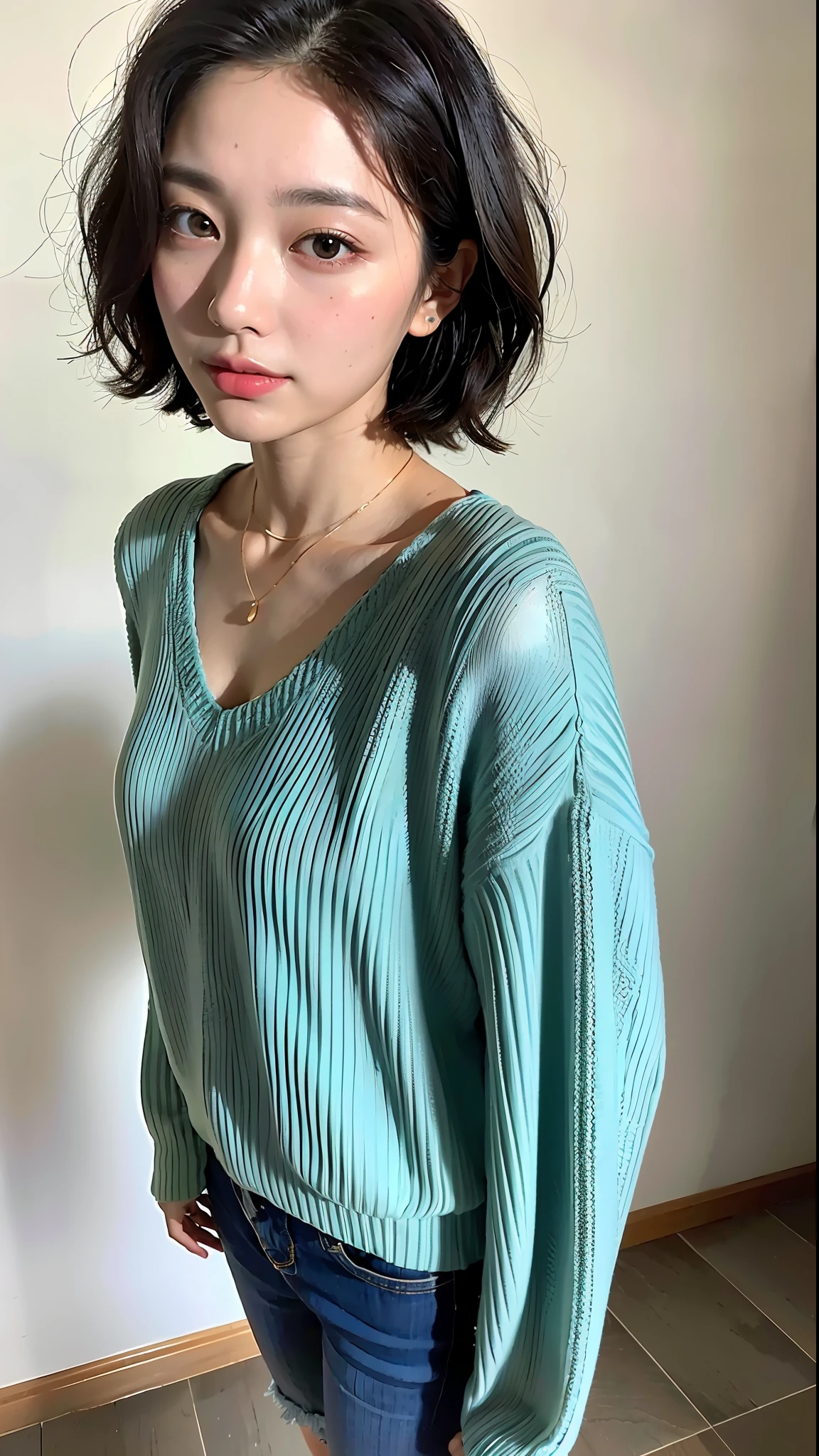 (Best quality, 8k, 32k, masterpiece, UHD: 1.2), photo beautiful Japanese woman, room, exquisite facial features, perfect figure, short blue curly hair, full body photo, oversized_sweater, necklace, simple background, from above, looking at the viewer,