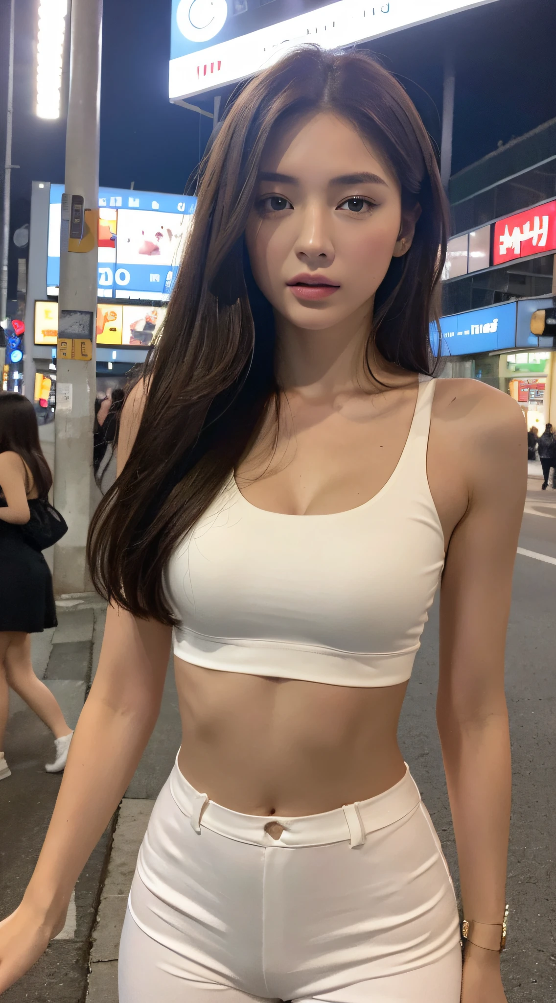 ((Realistic lighting, Best quality, 8K, Masterpiece: 1.3)), Clear focus: 1.2, 1girl, Perfect Figure: 1.4, Slim Abs: 1.1, ((Dark brown hair)), (White crop top: 1.4), (Outdoor, Night: 1.1), City streets, Super fine face, Fine eyes, Double eyelids,