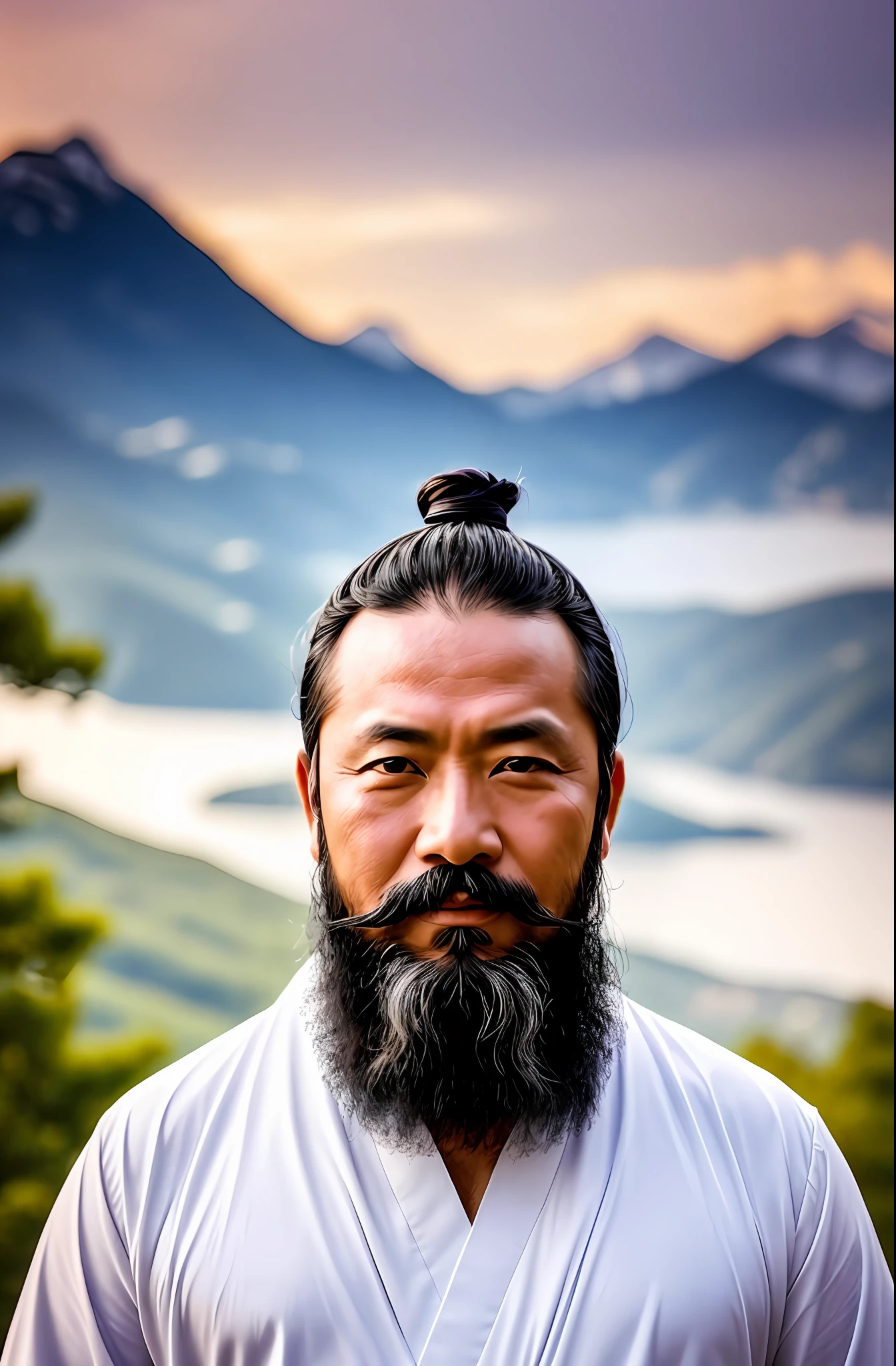 A middle-aged Taoist in white dress with beard, black hair, open eyes, and a smirk on his face, center frame,  symmetrical, cinematic lighting, mountain background, bokeh