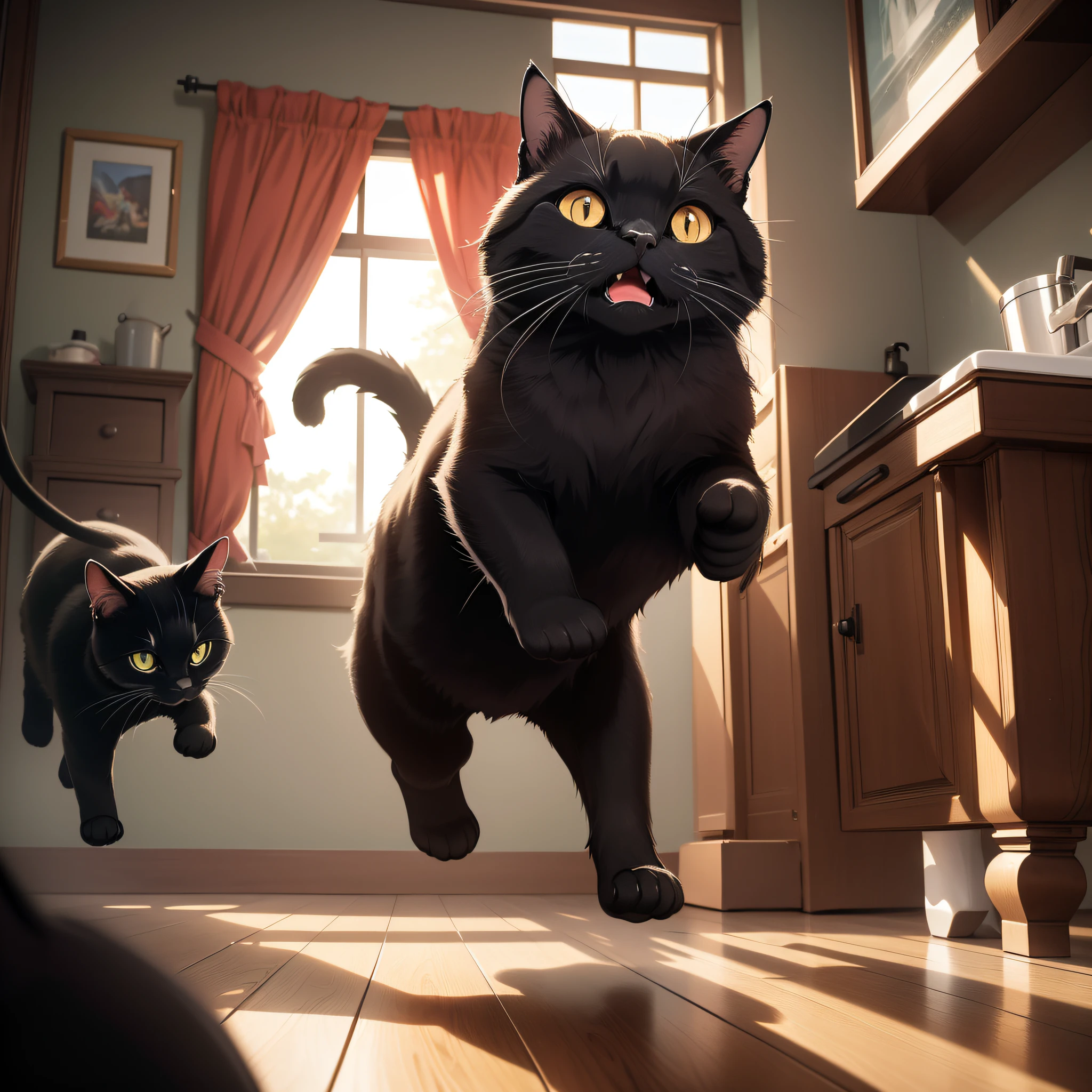 Ridily resolution, high resolution, (masterpiece: 1.4), hyper-detail, weird room, black cat running into the toilet, very angry look