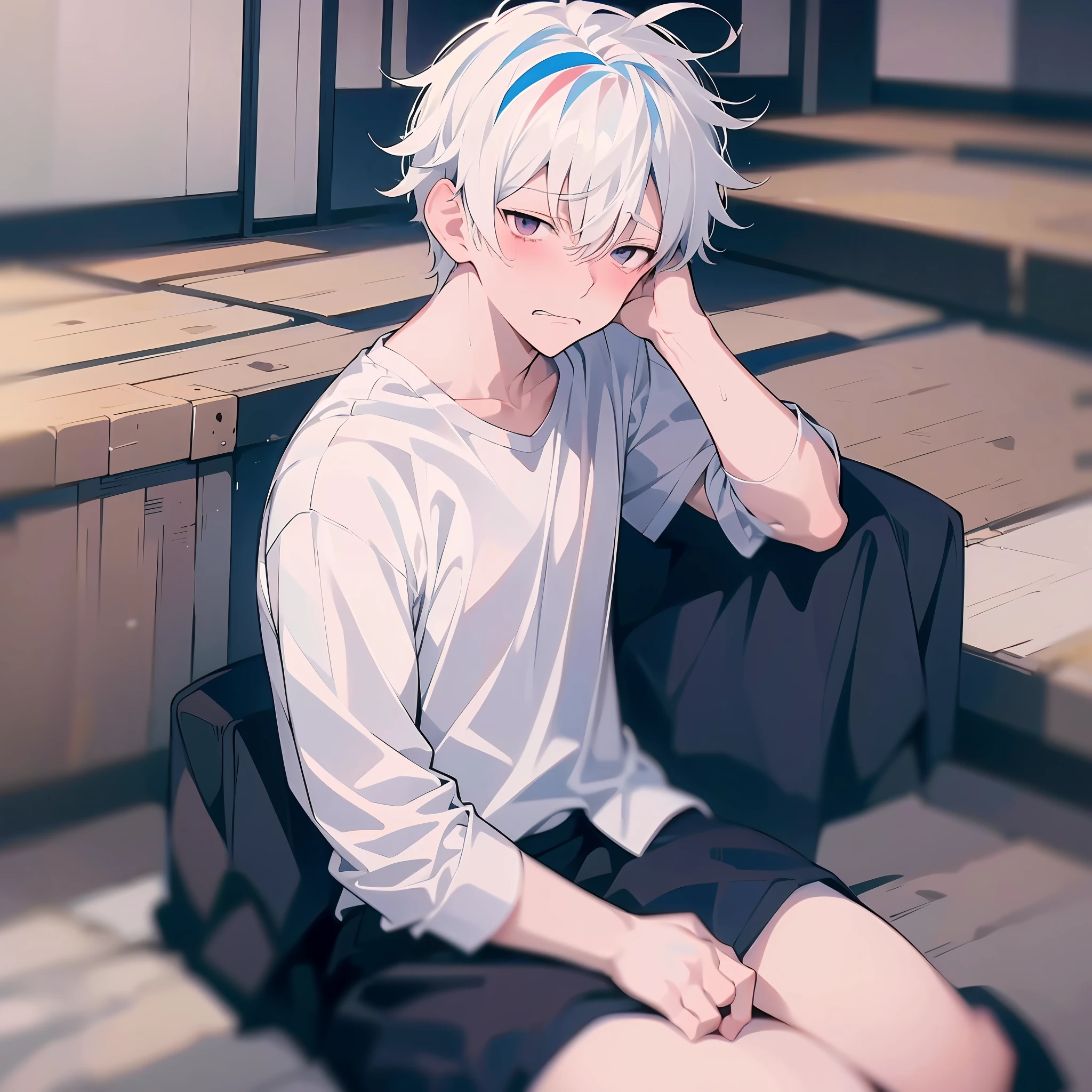 (anime style + soft moe) A cute and weak boy with white hair and a white shirt, he has a sad expression and sits on the ground crying. The picture style is fresh and simple, rendered like a comic, and the lens is displayed as a distant view,