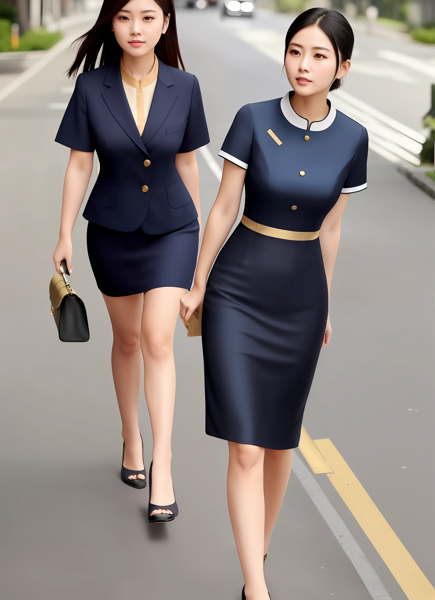 Property industry, workplace wear, smart professional wear, short-sleeved dress fabric, blue, golden, workplace simple and generous, standing on the street, background is white, Chinese, black hair, formal wear professional wear front, face facing walking on the street