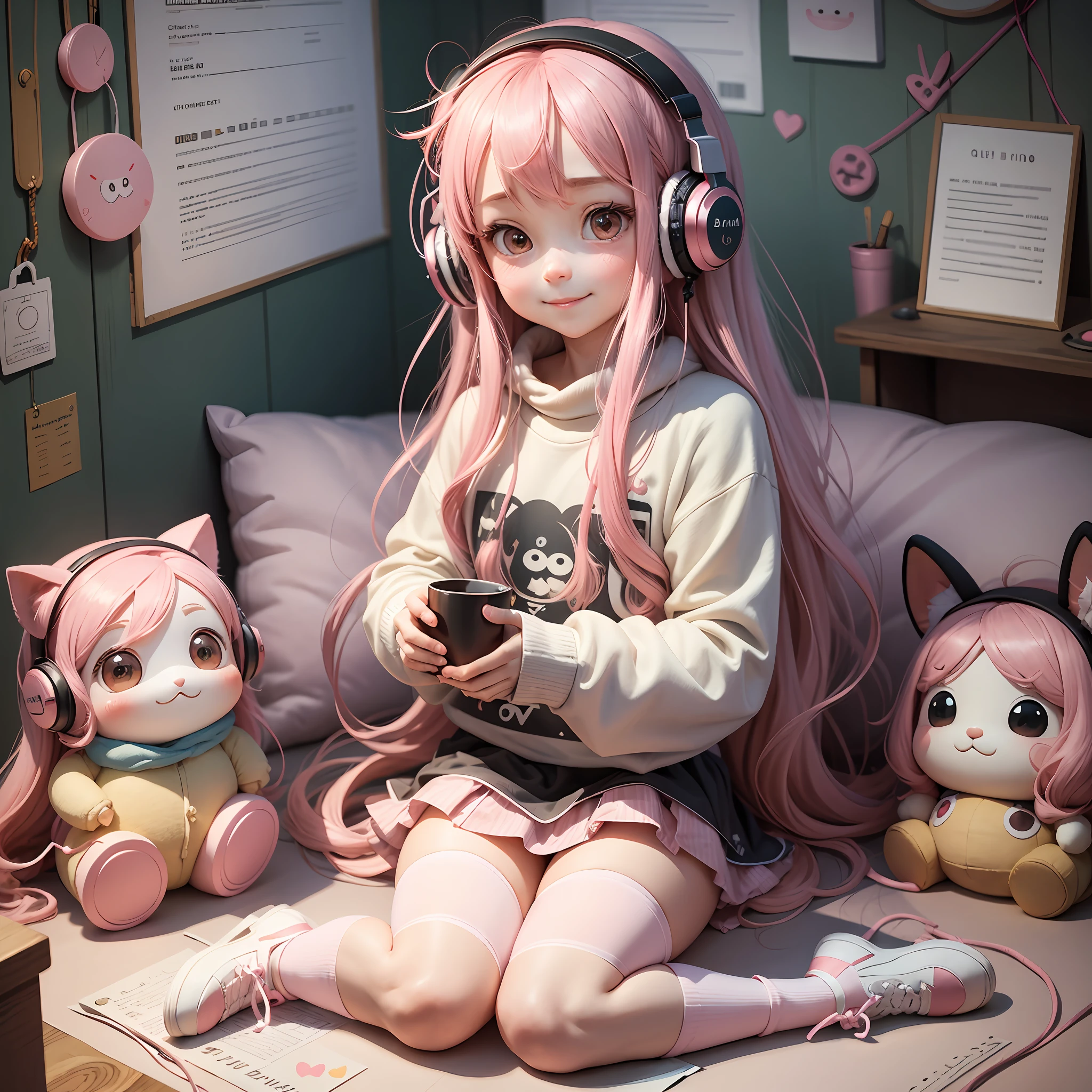 Long pink hair, big round eyes, small nose and mouth, sweet smile on his face, red headband, cute headphones, pink sweatshirt, cartoon pattern, short skirt and stockings, white board shoes on his feet, plush toys in his hands, petite and delicate, light and cute movements, full of childlike atmosphere, curiosity and love for the world in his eyes. Fresh and lovely, delicate and soft lines, bright colors, small flowers and stars in the background. --auto --s2