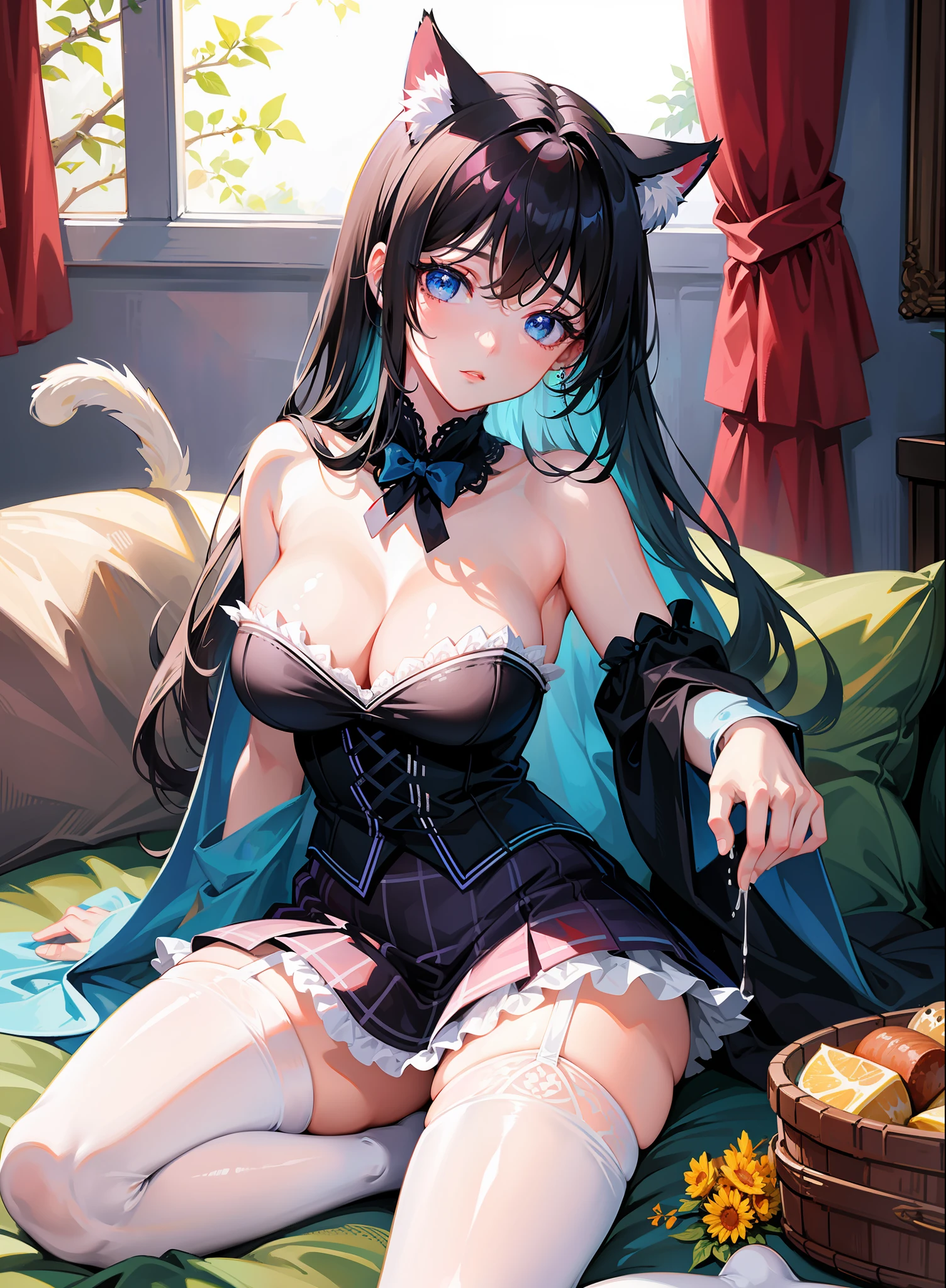 masterpiece, best quality, super detailed, illustration, (1girl), beautiful detailed eyes, looking at the viewer, close up, (breast focus), black hair, shyness, cat ears, white plaid skirt, black stockings, no shoes, garter, blue eyes, thighs