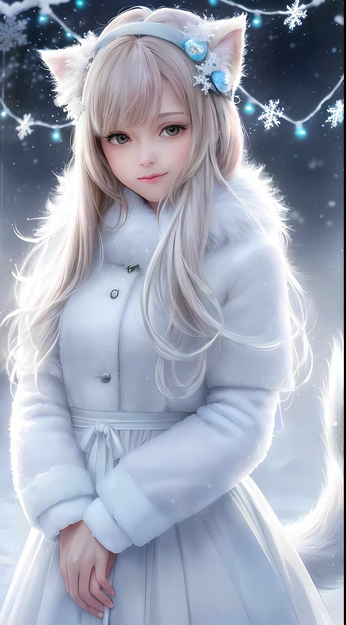 (raw photo:1.2), (photorealistic:1.4), (best quality:1.4), (ultra highres:1.2), (highly detailed:1.3), (HDR:1.2), (cinematic lighting:1.3), (detailed eyes), (facial details), (fur details), (snowy:1.2). ), Cute Little Fox, Standing, (3/4 Portrait: 1.2), (Furry Tail: 1.2), (Soft Fur: 1.2), (Moe: 1.2), (Looking at the Audience), (Innocent Expression), (Soft Light), (Dreamy), (Dream: 1.3), (Ethereal: 1.3), (Magic: 1.2), (Snowflake: 1.2), (Winter Wonderland: 1.3), (Whimsical: 1.2), (Fun: 1.2), Bust, Solo