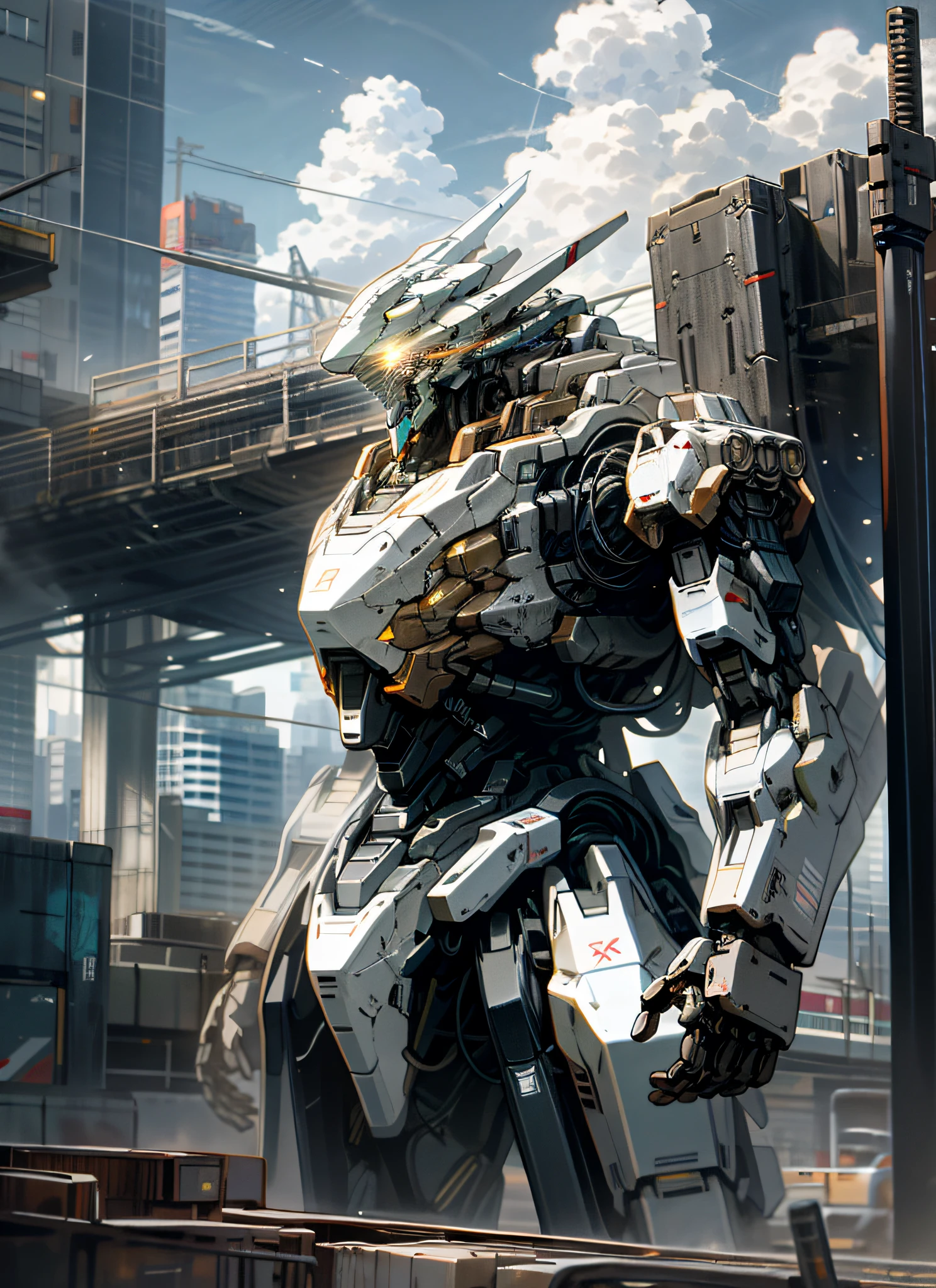 sky, cloud, holding_weapon, no_humans, glowing, , robot, building, glowing_eyes, mecha, science_fiction, city, realistic,mecha
