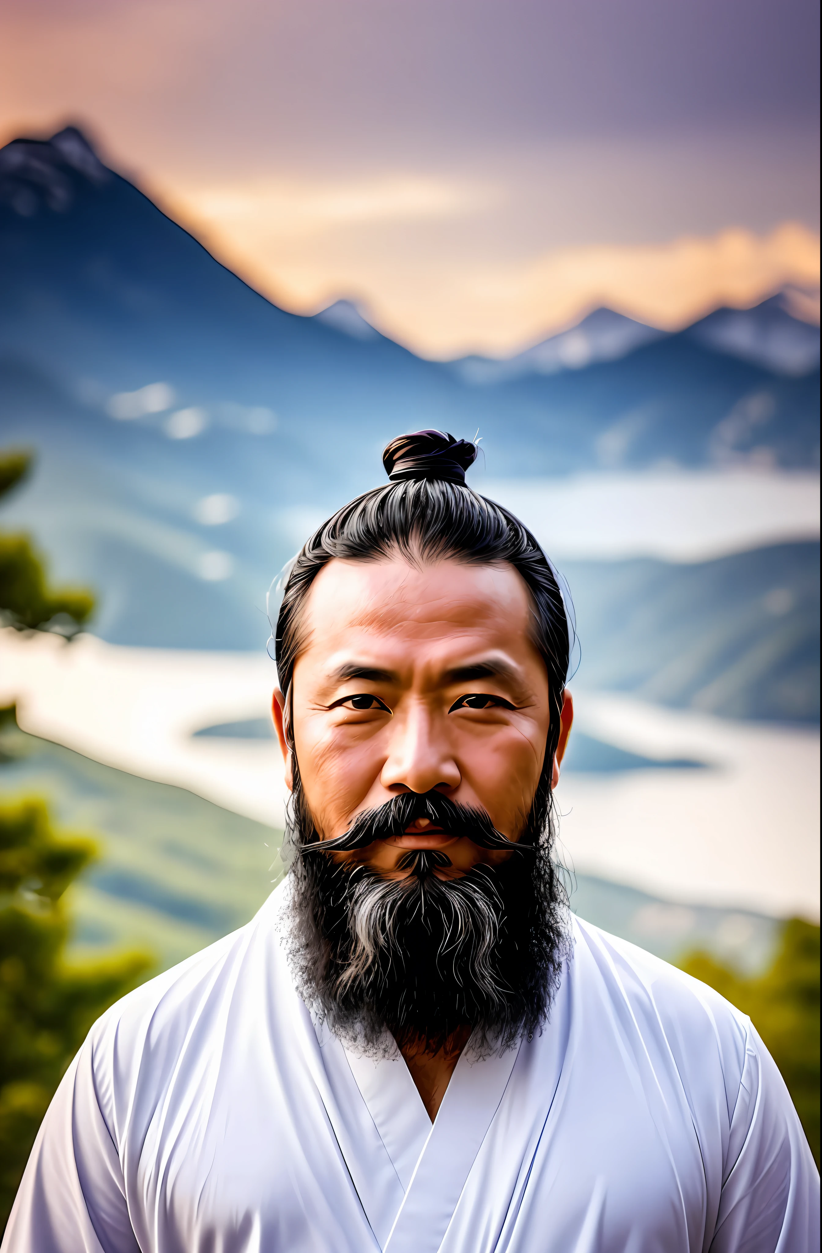 A middle-aged Taoist in white dress with beard, black hair, open eyes, and a smirk on his face, center frame, symmetrical, cinematic lighting, mountain background, bokeh