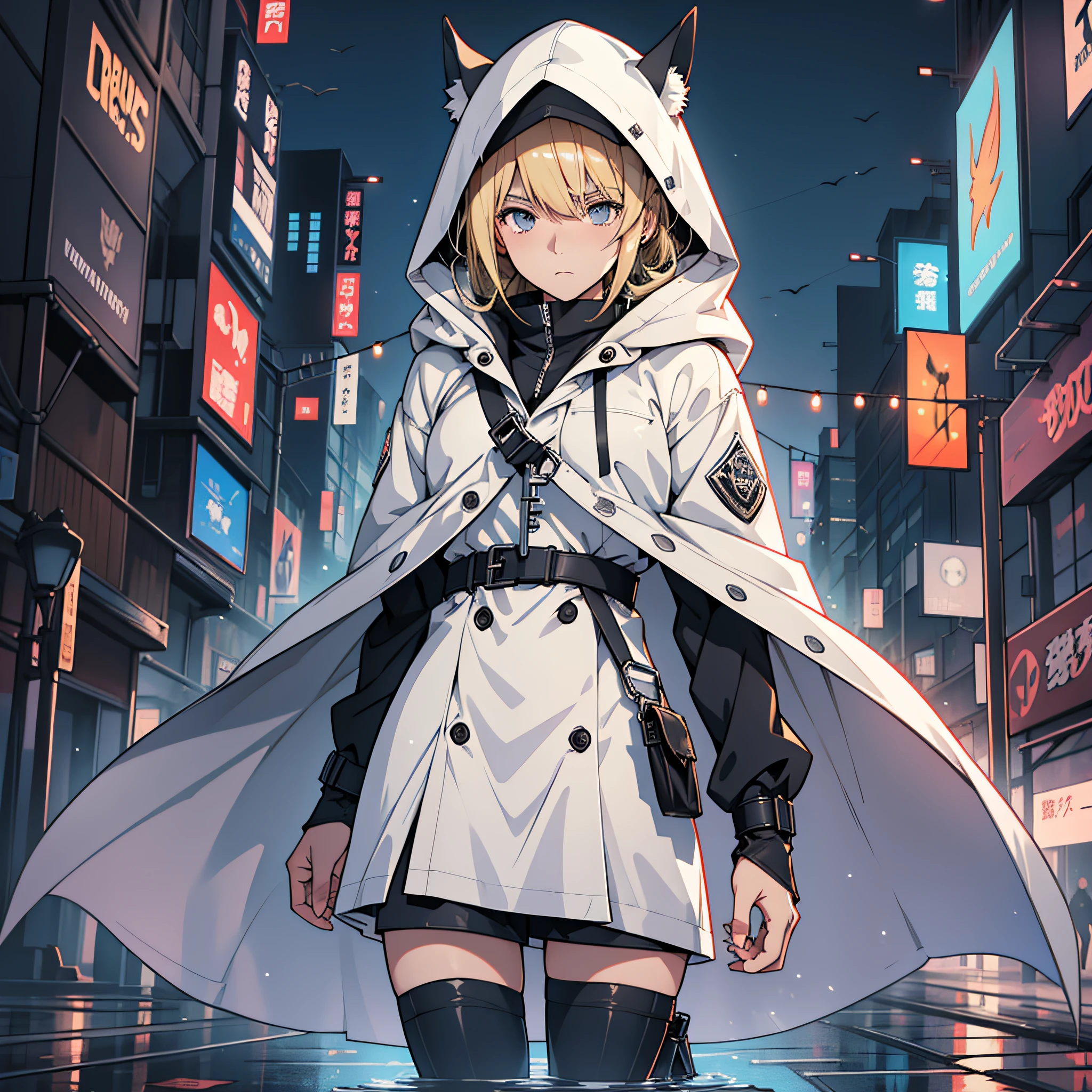 Sad dark night city background, white translucent hooded trench coat, blonde, ranger, horse ear, spirited girl, ark of tomorrow, best quality, high resolution, best quality, high quality, detailed key anime art, best anime, ryuzaki いち --auto --s2