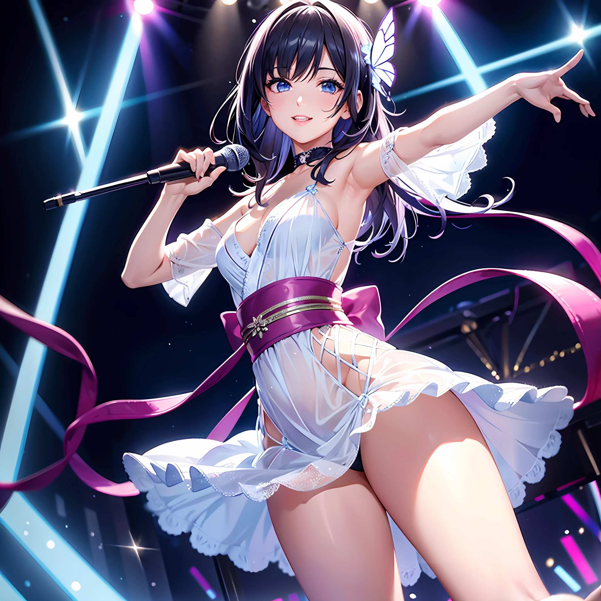 Illustration, cinematic light, high resolution, best quality, super detailed, detailed face, (detailed eyes), highest quality, super detailed, masterpiece, (detailed face), pretty face, best smile, sexy mature woman transparent (yukata costume: 1.5), ruffled mini skirt, cloth, choker, open cloth, NSFW, high heels, blue eyes, neon small shining hair edges, AI fantasy concert, Shining lighting, idol, with neon details, (Live stage: 1.15), (holding the microphone in left hand singing: 15), singing with buttocks sticking out: 5, (to a packed audience in the background), light reflection, heart-shaped iris, playful eyes, open shoulders, (wet body), small glowing butterfly, hair jewelry, panties, cute white string panties: 1.5