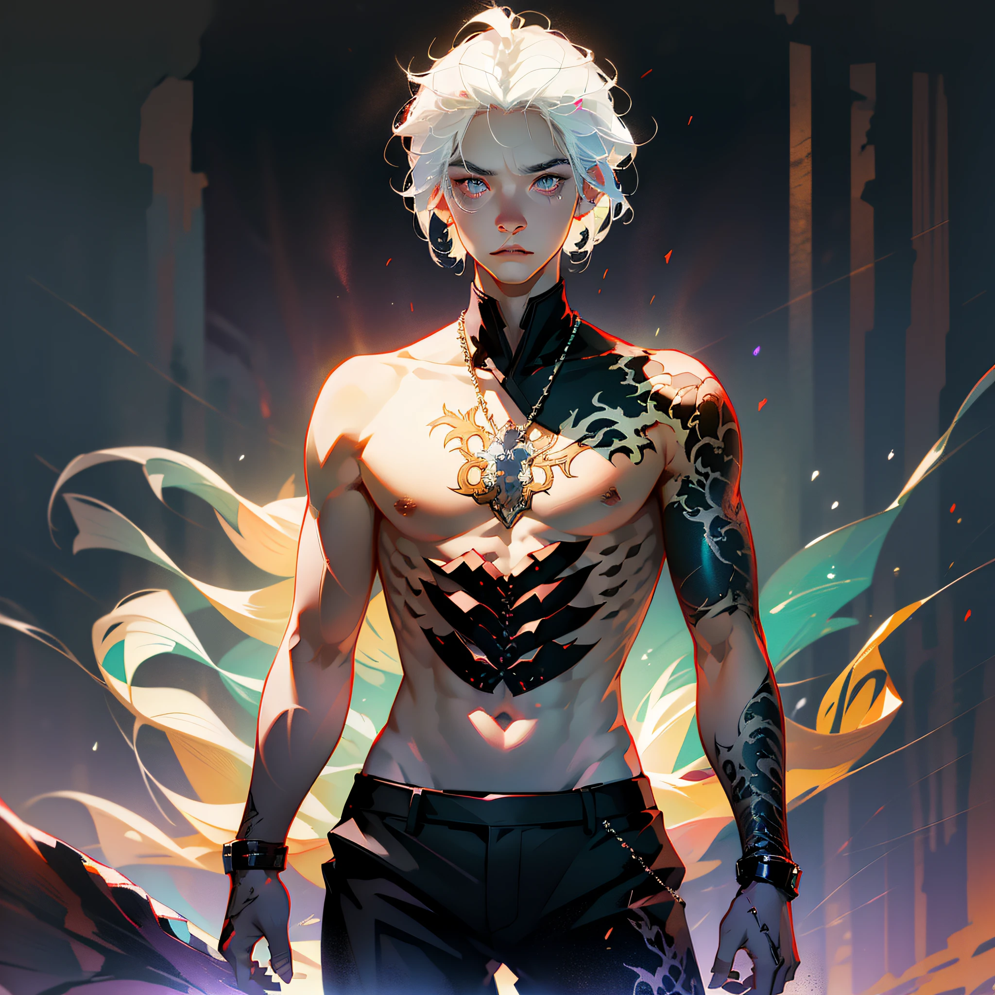 High resolution 1920*108, imagination, national style anime white hair suit boy tattoo with dragon tattoo on chest, black background, composition, (HDR:1.5),, Intricate details, --auto --s2