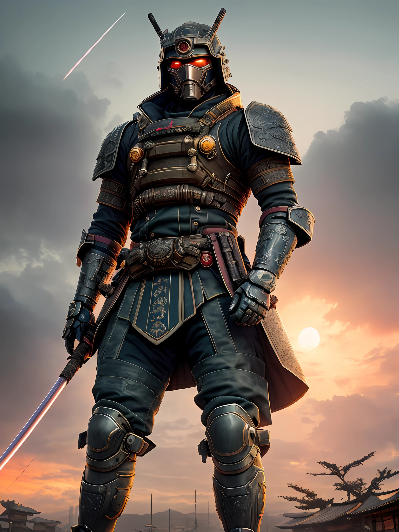 Cyberpunkai samurai wearing raijin mask, full samurai tactical armor, head down, in Japan village, full body shot, epic realistic, (hdr:1.4), (muted colors:1.4), (intricate details, hyperdetailed:1.2), dramatic, sunset, dark clouds