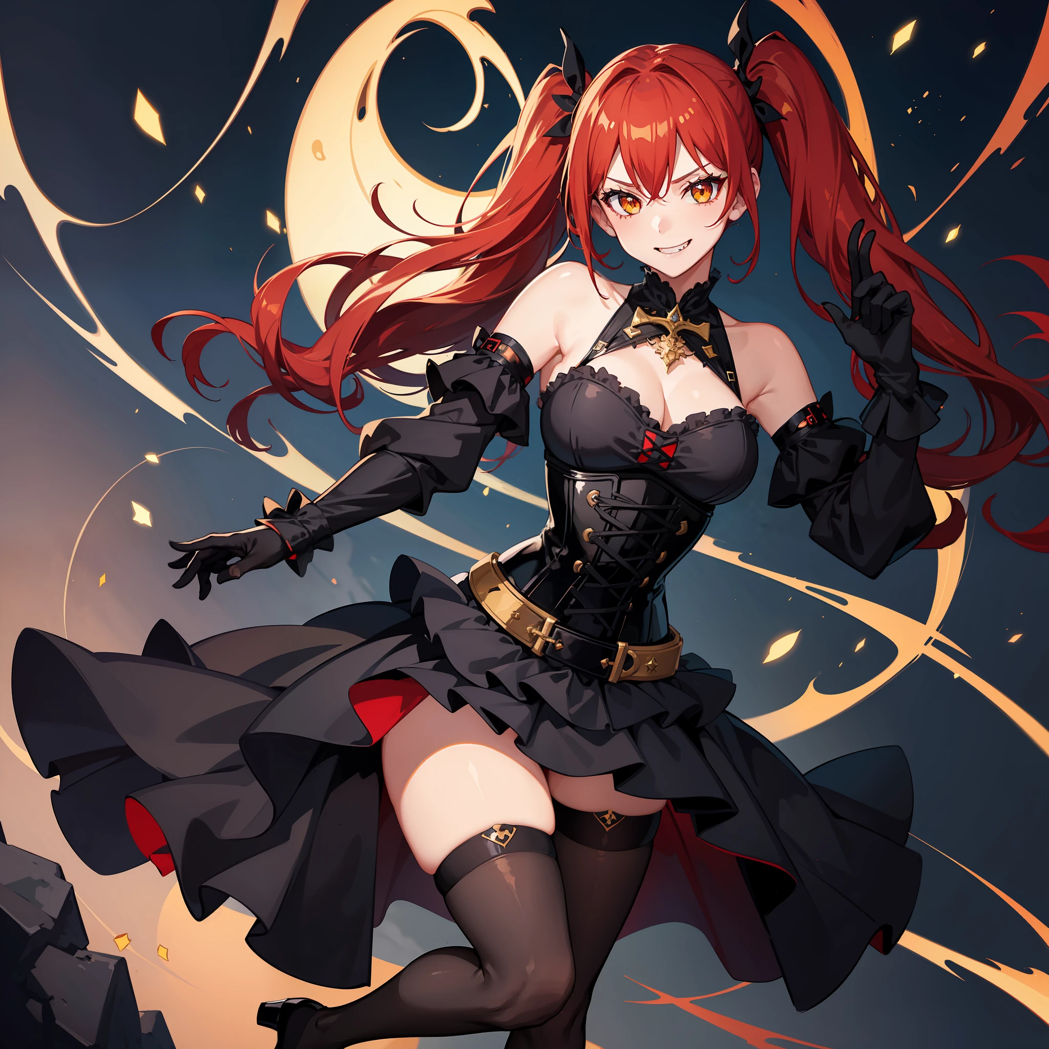 1girl, high quality, corset, black skirt, thigh highs, black gloves, red hair, yellow eyes, evil smile, twintails, full body view