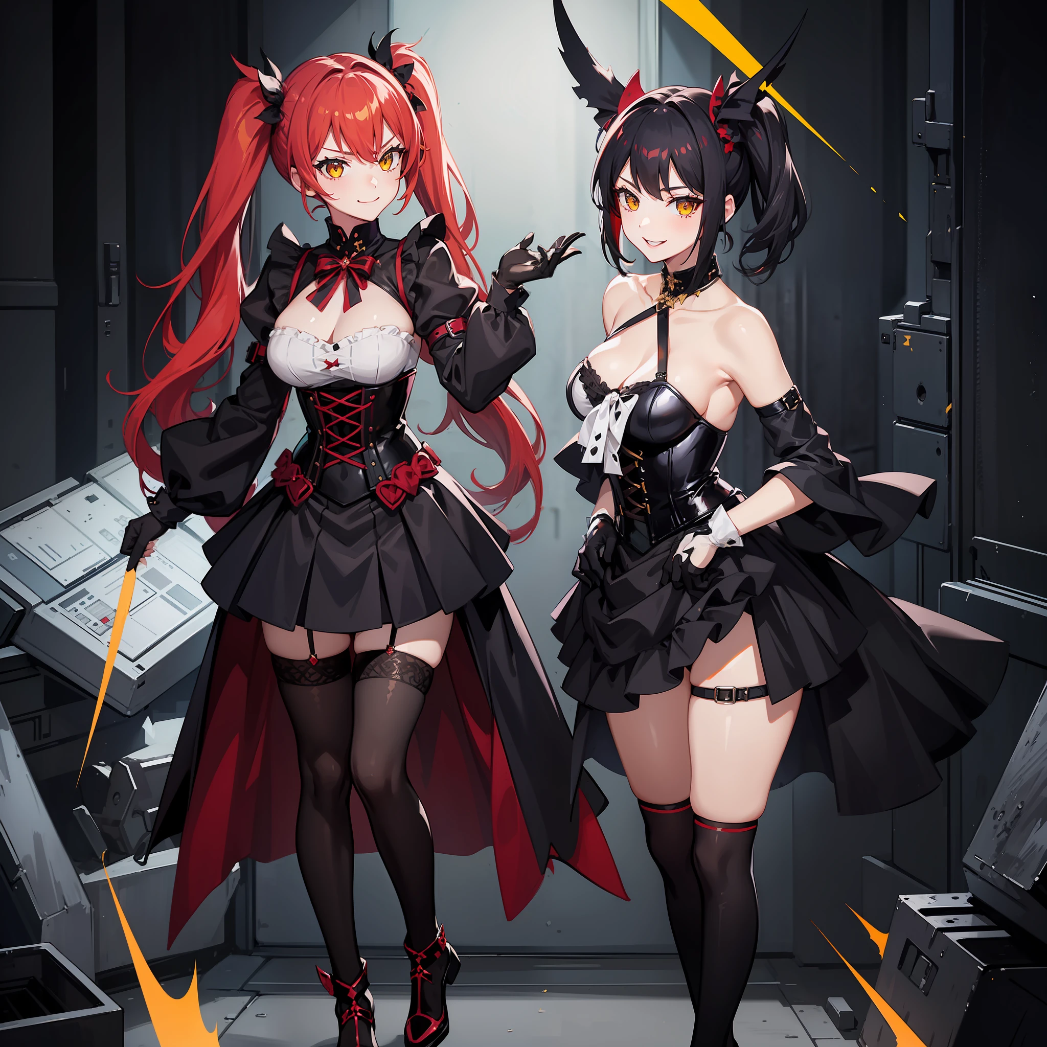 (1 girl), high quality, corset, black skirt, thigh highs, black gloves, red hair, yellow eyes, navel, evil smile, twintails, full body view, standing