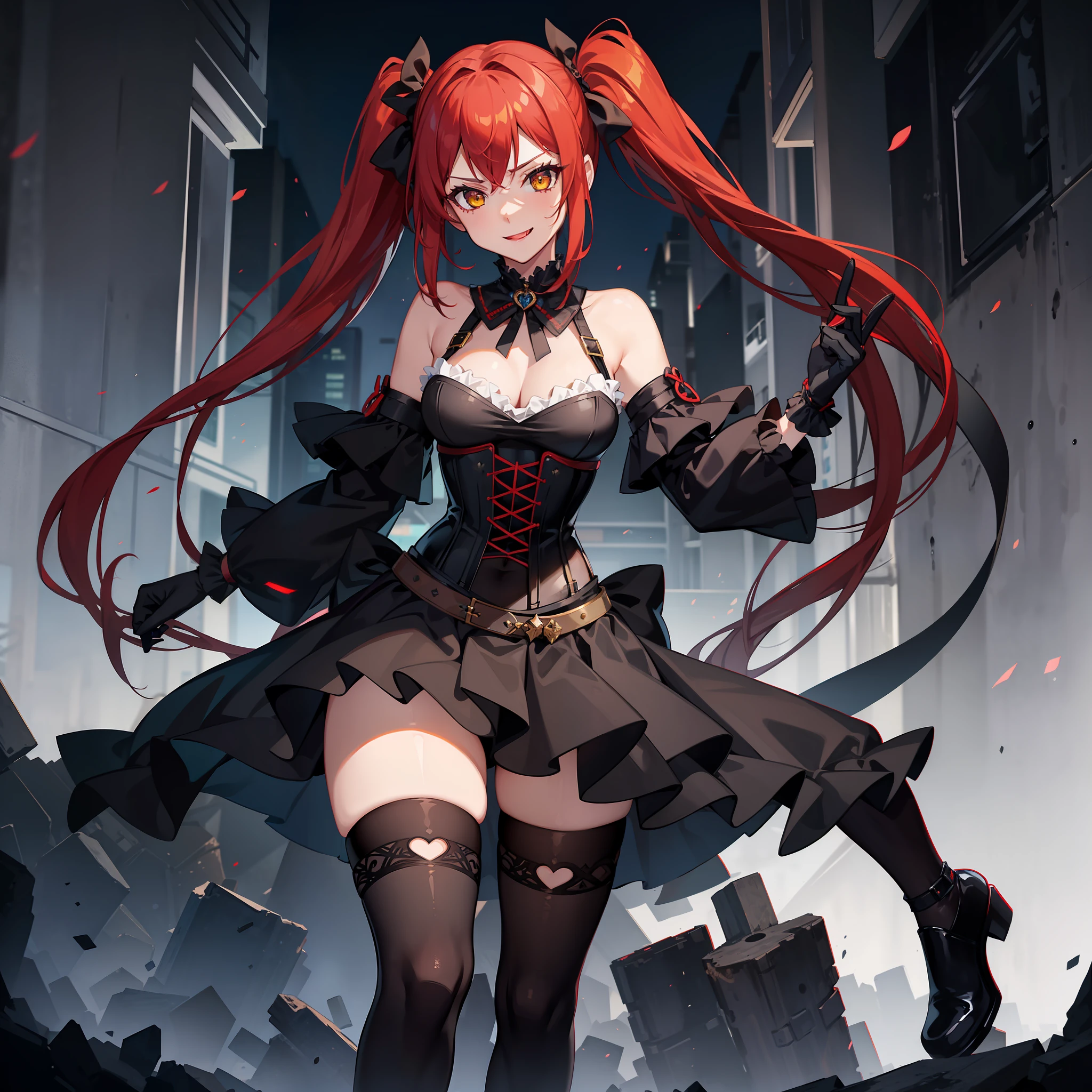 (1 girl), high quality, corset, black skirt, thigh highs, black gloves, red hair, yellow eyes, navel, evil smile, twintails, full body view, standing