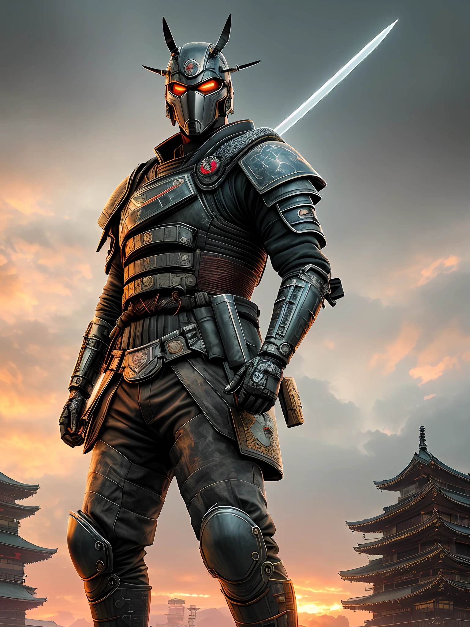 Cyberpunkai samurai wearing raijin mask, full samurai tactical armor, head down, in Japan village, full body shot, epic realistic, (hdr:1.4), (muted colors:1.4), (intricate details, hyperdetailed:1.2), dramatic, sunset, dark clouds