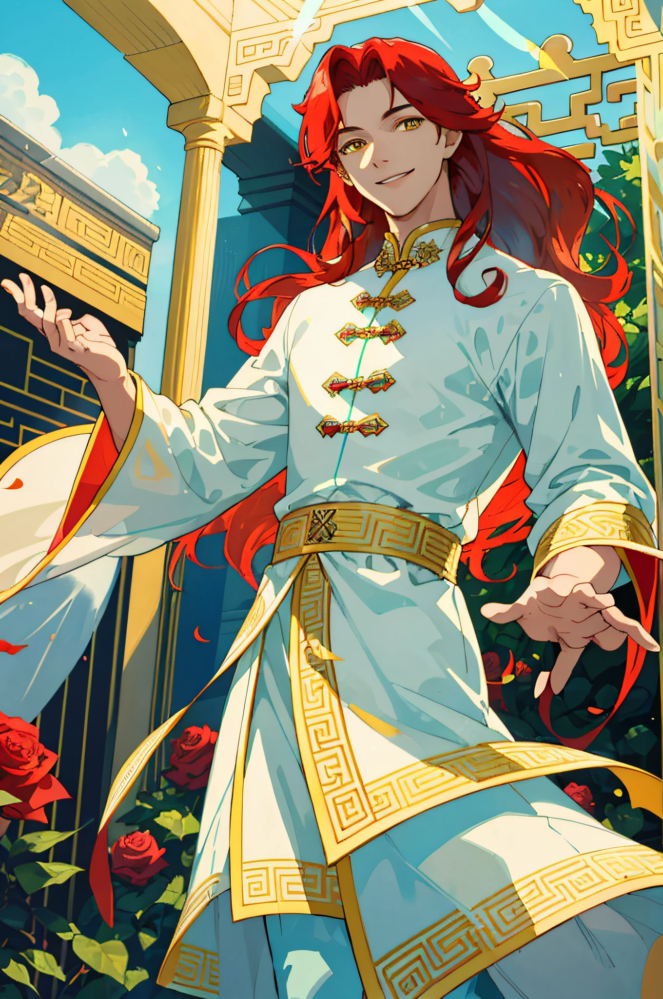 Masterpiece, best quality, 1 male, ager, delicate eyes, intricate details, rich movements, delicate skirt, Chinese costume, long curly red hair, yellow eyes, smile, gentle smile, sunshine, rose, flame, best light and shadow, sky blue, light green