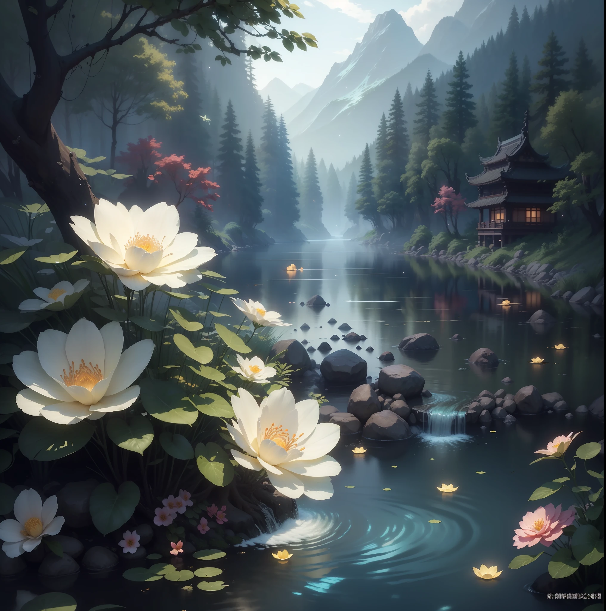 Masterpiece, best quality, (very detailed CG unified 8k wallpaper), (best quality), (best illustration), (best shadow), glowing elf with a glowing deer, drinking water in the pool, natural elements in forest theme. Mysterious forest, beautiful forest, nature, surrounded by flowers, delicate leaves and branches surrounded by fireflies (natural elements), (jungle theme), (leaves), (branches), (fireflies), (particle effects) and other 3D, Octane rendering, ray tracing, super detailed, alpine flowing water Xiaoqiao artistic conception beauty, there is a kind of sea and a hundred rivers with tolerance and great artistic conception, and landscape painting of Jiangnan water town. --auto --s2
