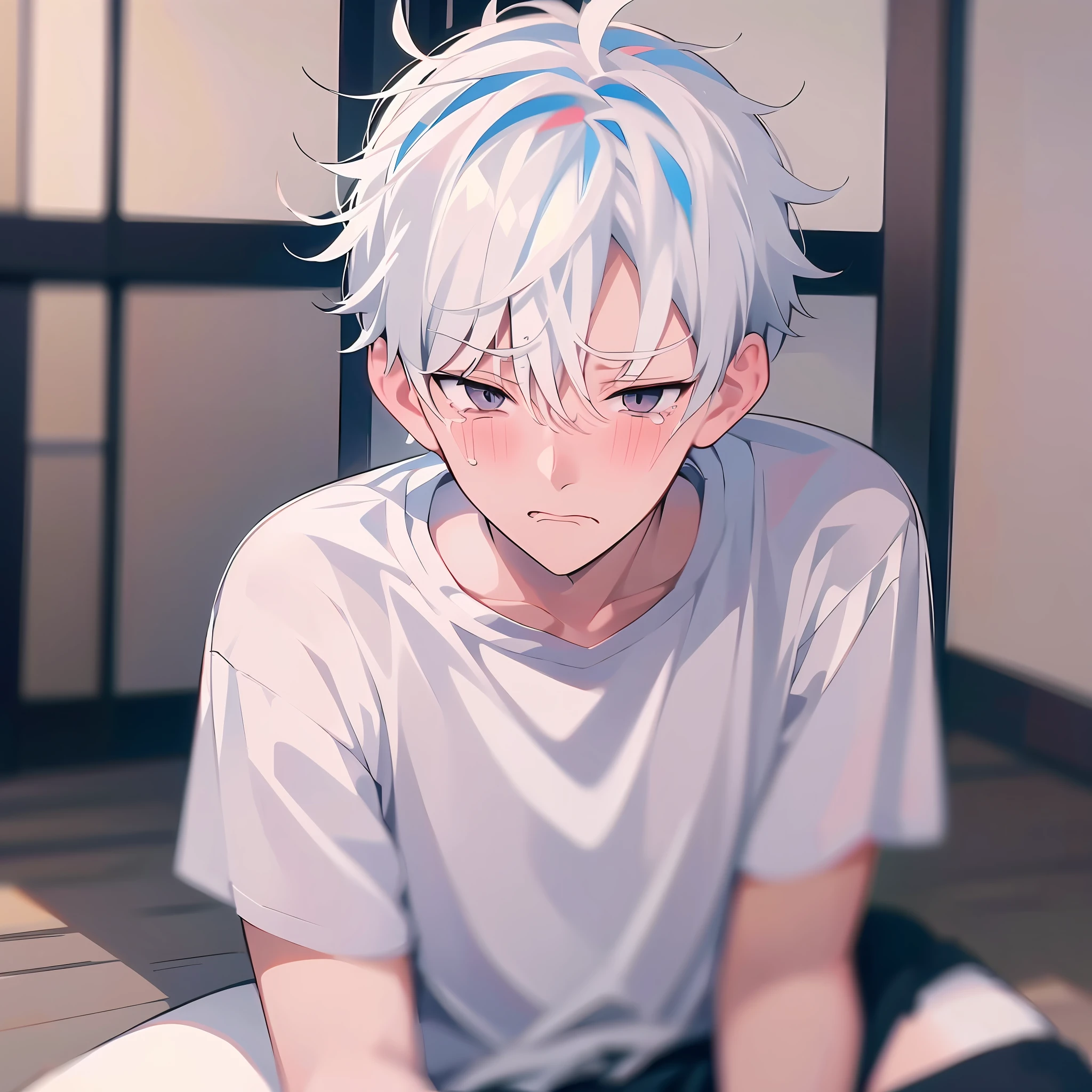 (Anime style + soft cute) A cute and weak boy with white hair, wearing a white shirt, with a sad expression, crying and sitting on the ground. There are tears, the picture style is fresh and simple, rendered like a comic, and the lens is displayed as a close-up,