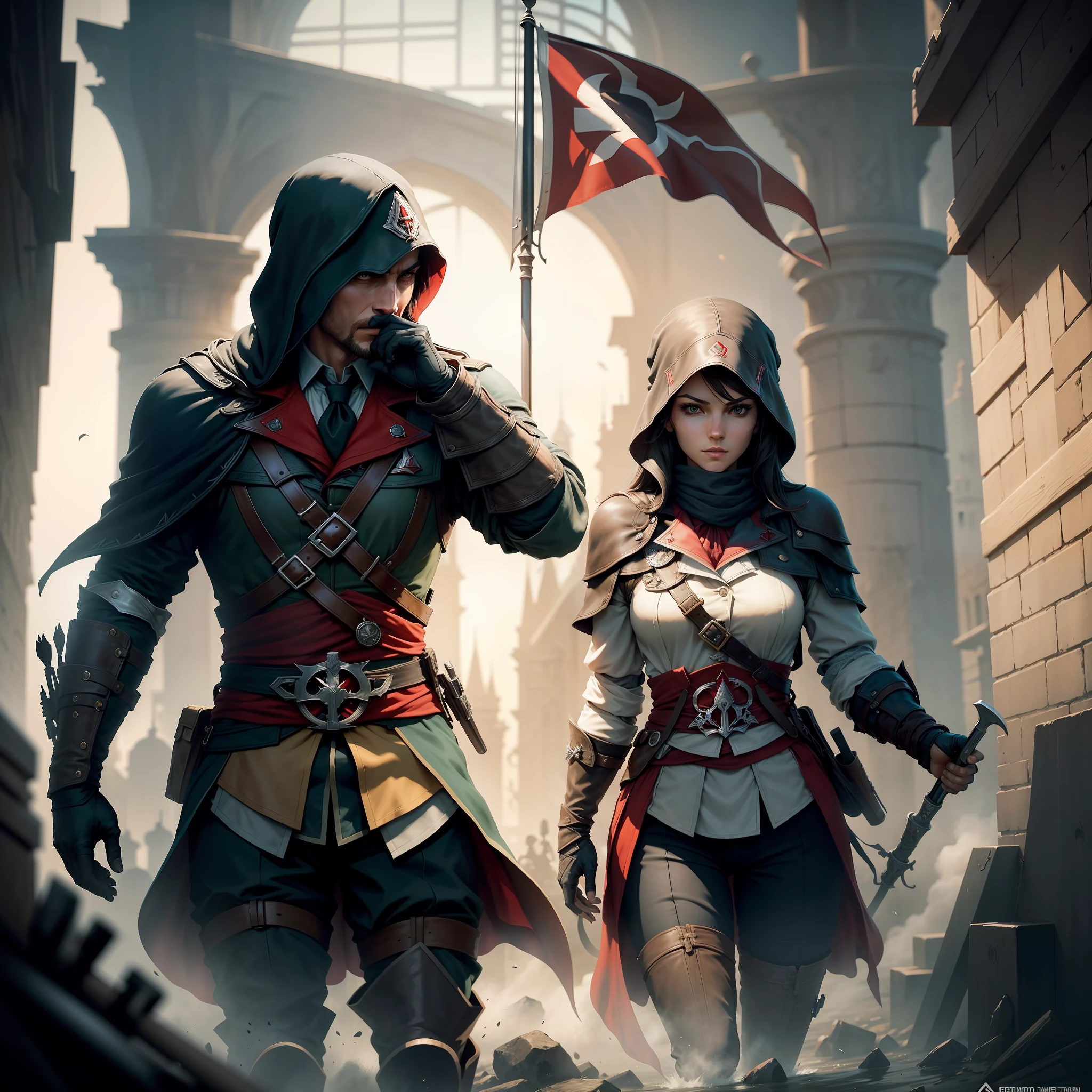 Design a logo for an Assassin’s Creed game set in the WW2 era. The logo should incorporate elements that evoke the historical context of the war while maintaining the iconic style of the Assassin’s Creed franchise. Consider incorporating symbols such as a stylized WW2-era weapon, an emblem representing the Assassin Brotherhood, and elements that represent the conflict and secrecy of the time period. Focus on creating a visually striking logo that captures the essence of the game’s setting and theme