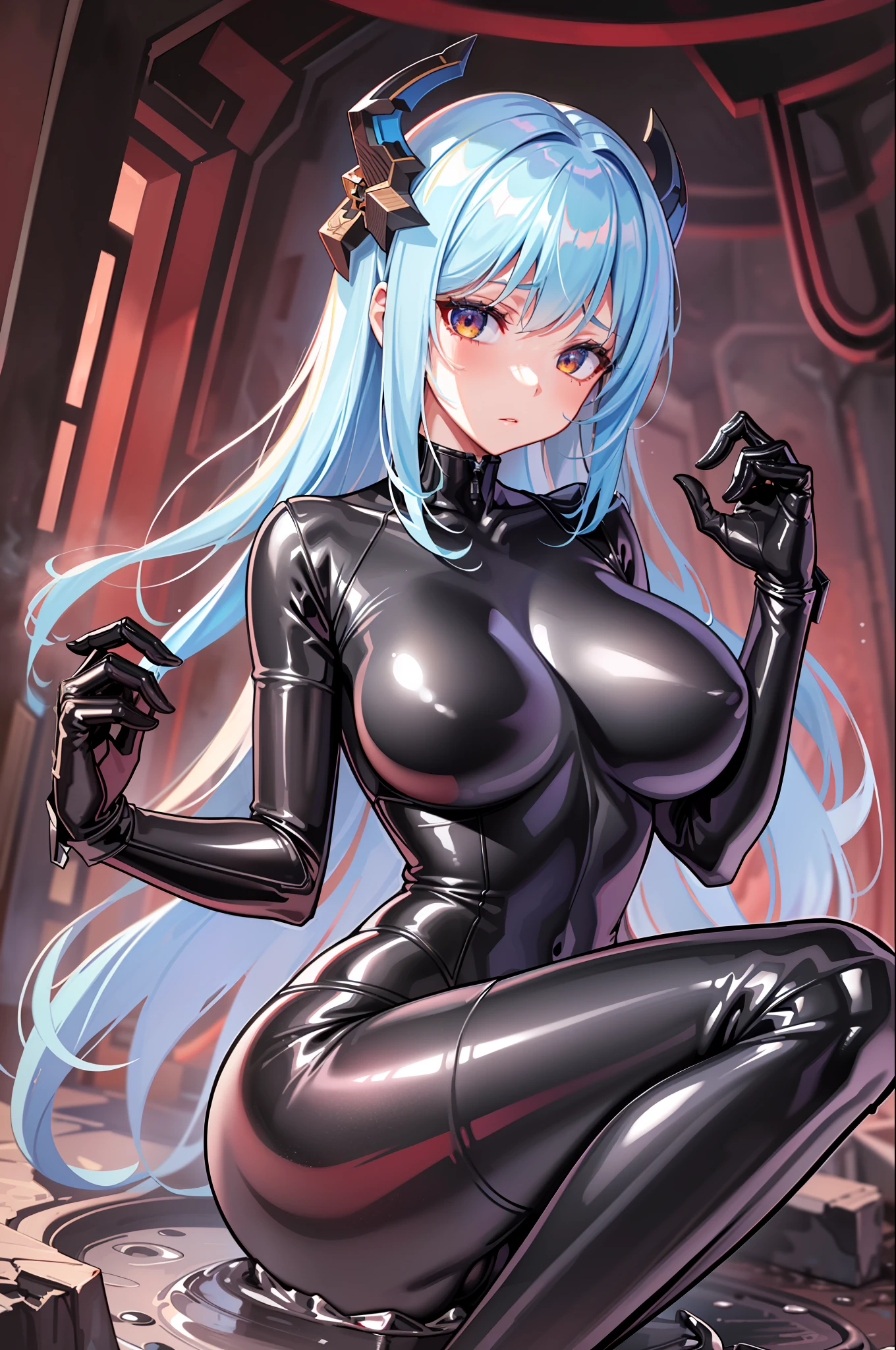 1 girl, creature inside, slime \ (substance \), detailed, horror, intricate, , masterpiece, best quality, highly detailed, immersed in biological space, latex combat suit, royal sister big breasts, goddess, high appearance, long legs, sexy body, squeezed, bondaged