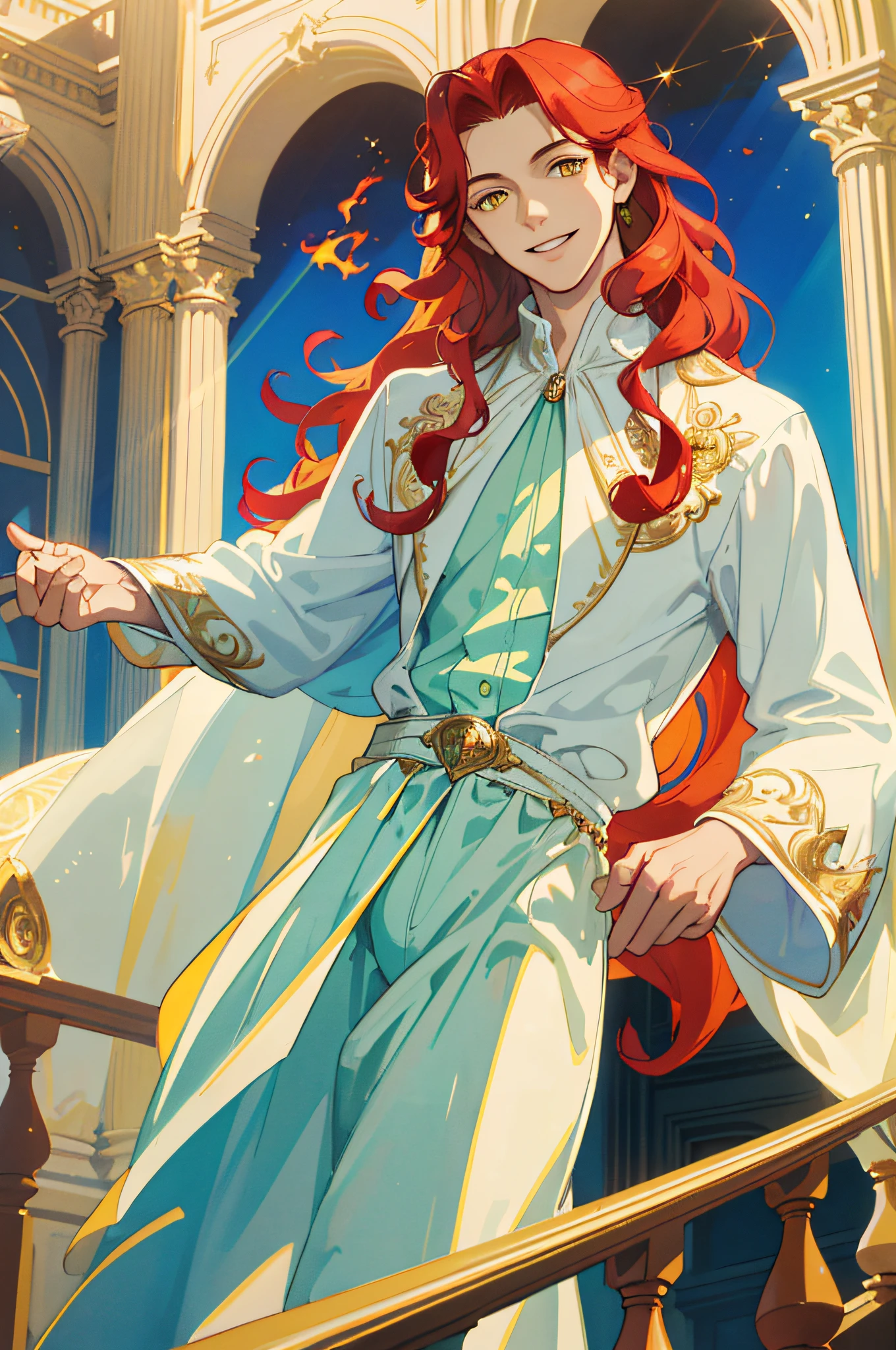 Masterpiece, best quality, 1 male, teenager, delicate eyes, intricate details, rich movements, delicate skirt, pajamas, nudity, light clothing, long red curls, yellow eyes, smile, gentle smile, sunlight, rose, flame, best light and shadow, sky blue, light green