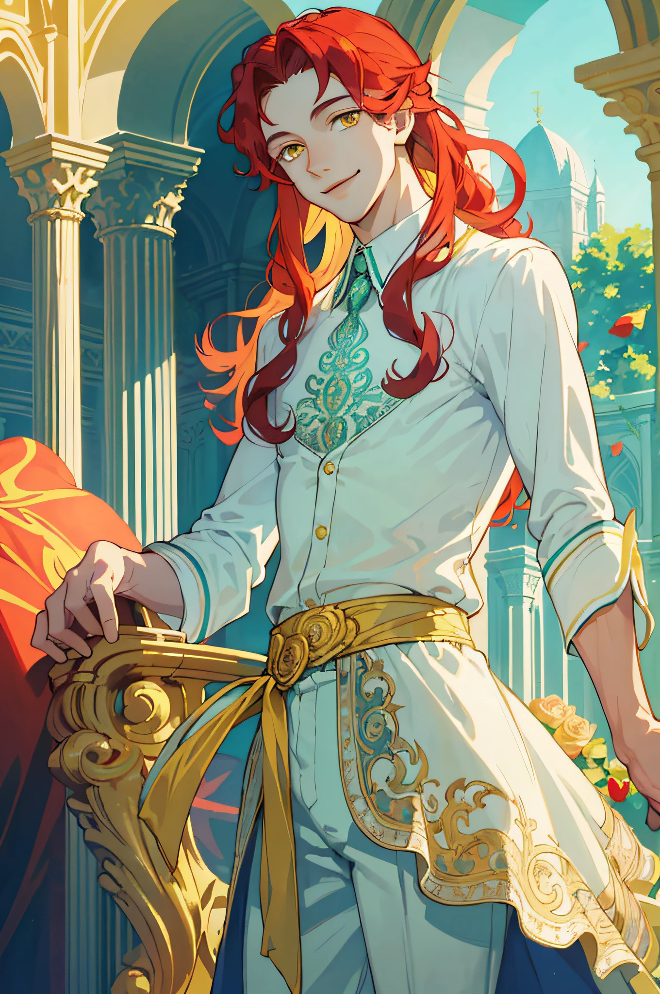 Masterpiece, best quality, 1 male, teenager, delicate eyes, intricate details, rich movements, delicate skirt, pajamas, nudity, light clothing, long red curls, yellow eyes, smile, gentle smile, sunlight, rose, flame, best light and shadow, sky blue, light green