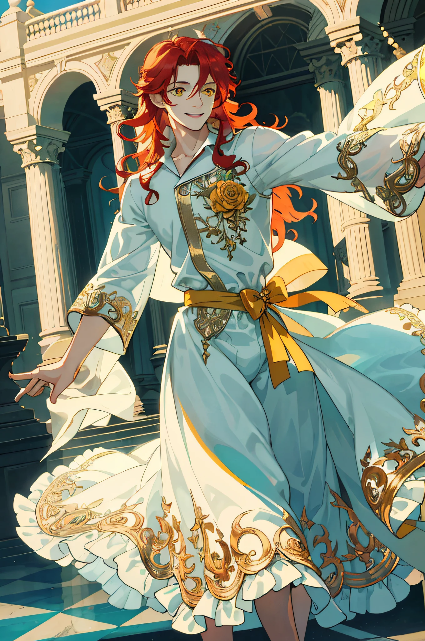 Masterpiece, best quality, 1 male, teenager, delicate eyes, intricate details, rich movements, delicate skirt, pajamas, nudity, light clothing, long red curls, yellow eyes, smile, gentle smile, sunlight, rose, flame, best light and shadow, sky blue, light green
