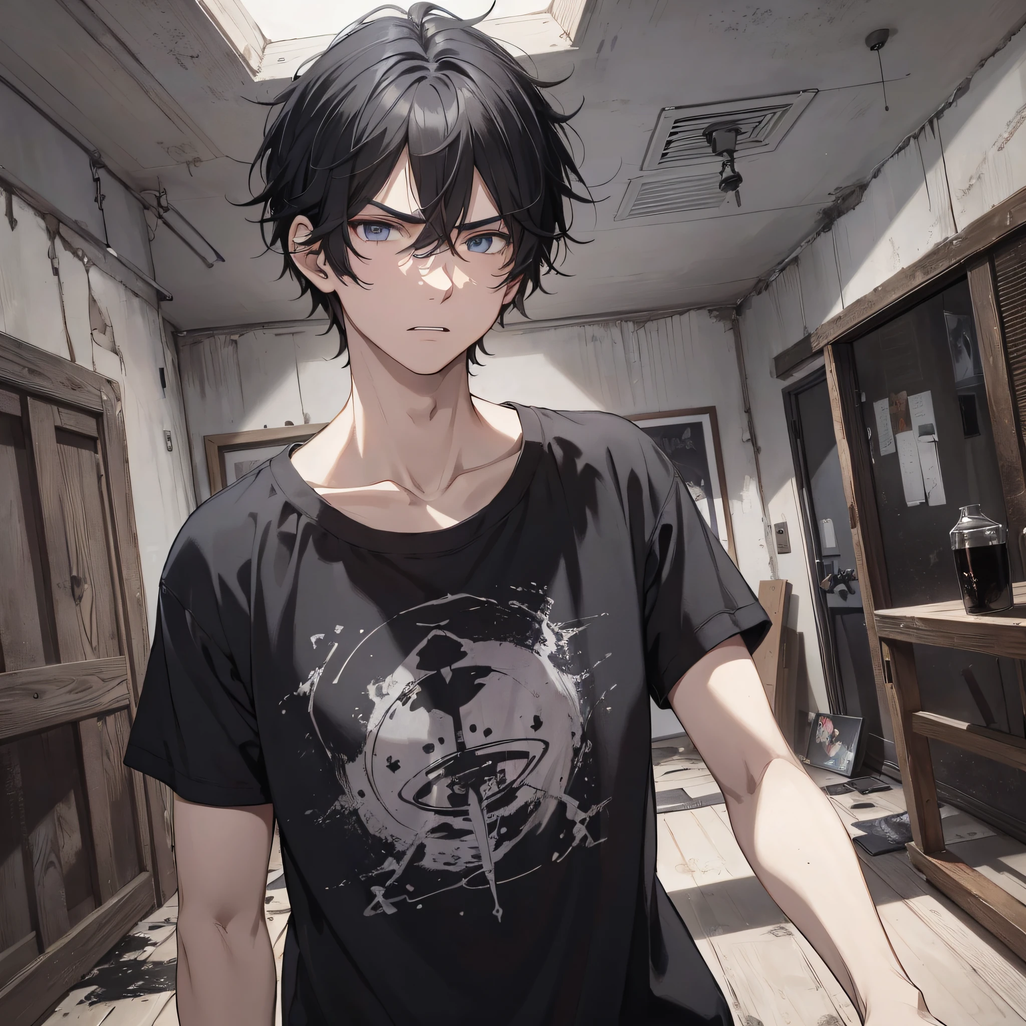Anime boy with black hair and blue eyes in a room - SeaArt AI