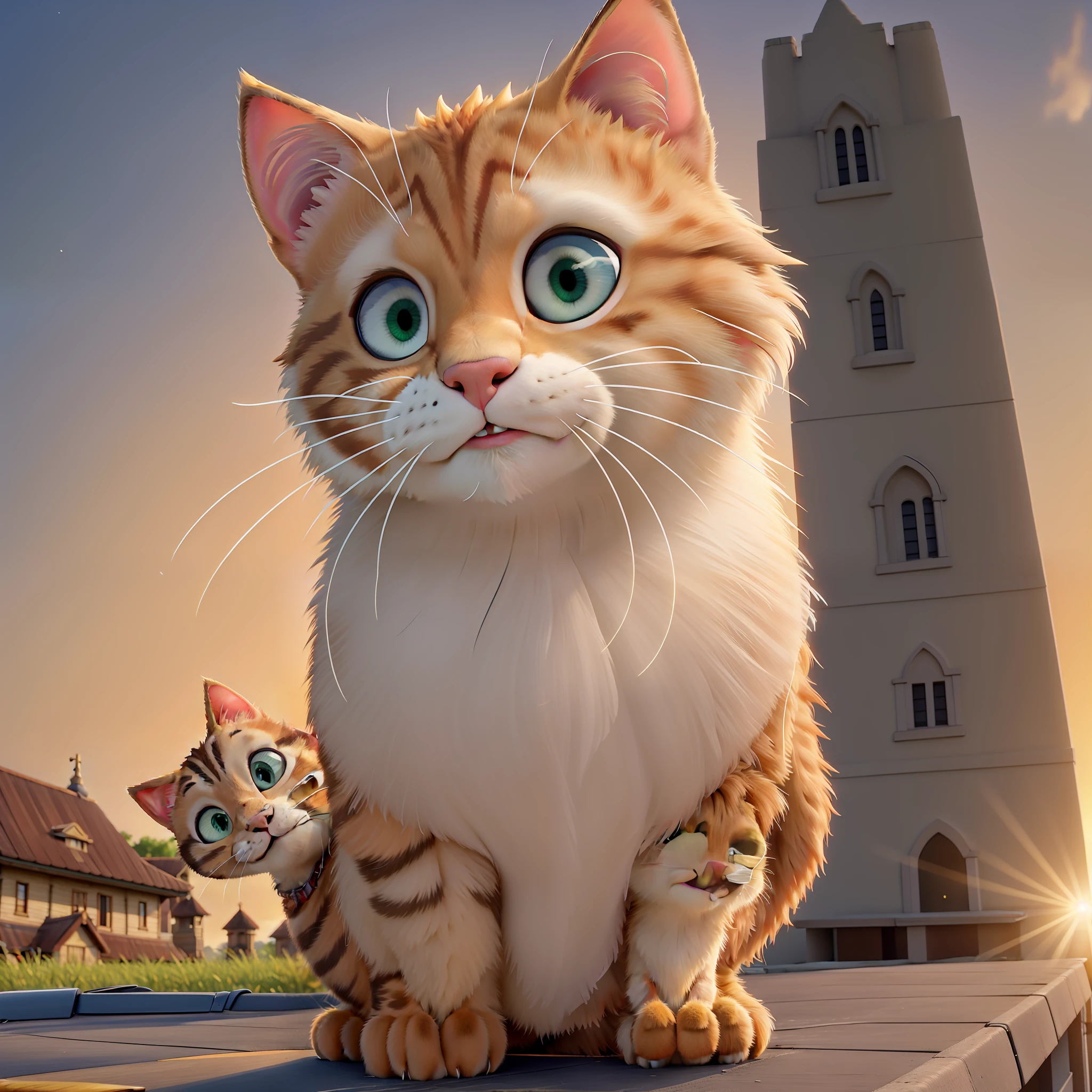 masterpiece, high quality, best quality, tabby cat, squat on the roof of a car, morning sunrise, radiant, ethereal, sacred, golden, tranquil, transcendent, exhilarating, brilliant, majestic, glorious, awakening, gentle, glowing, serene
