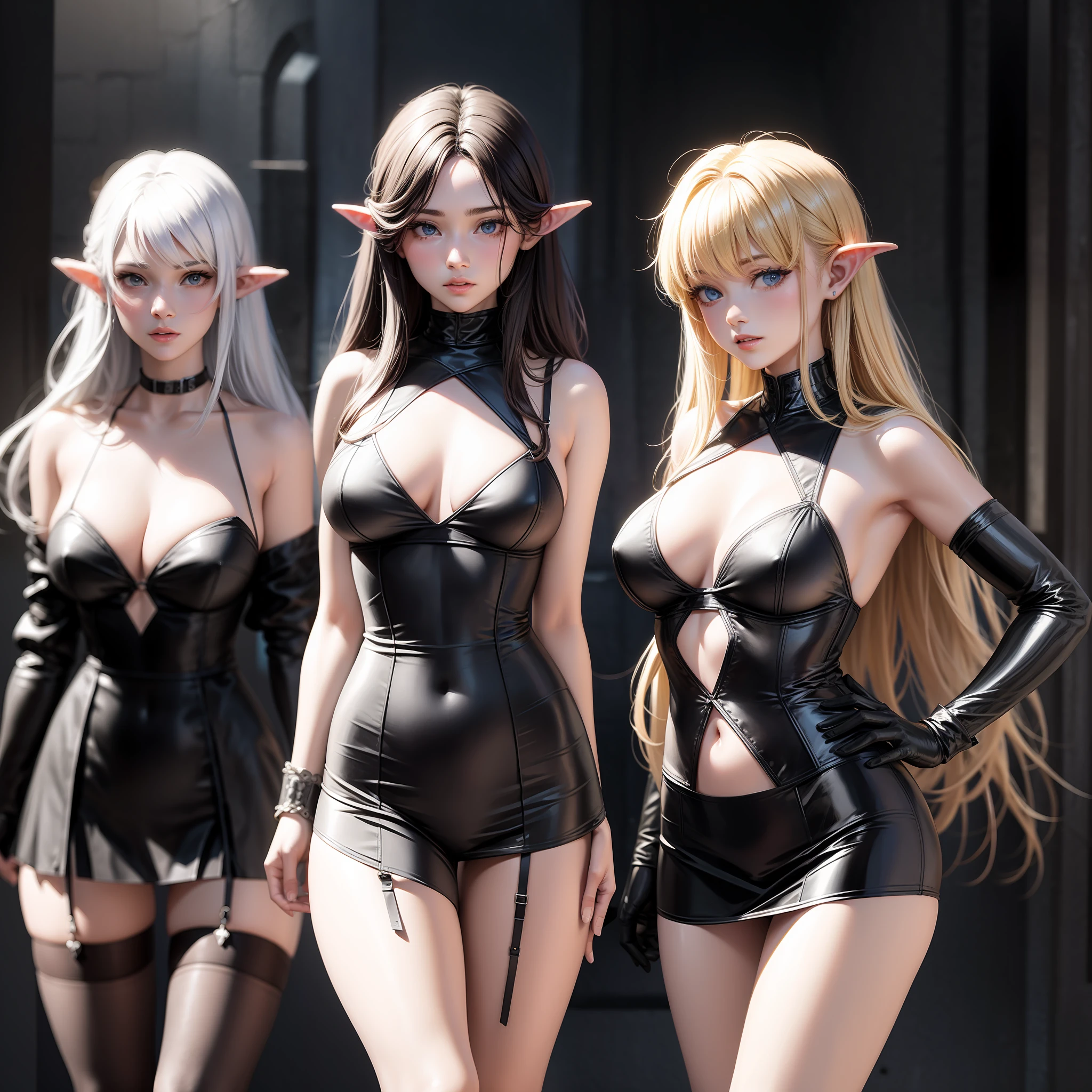 Characters from The Lord of the Rings taking self in group, transparent lingerie, leather clothing, mini-skirt