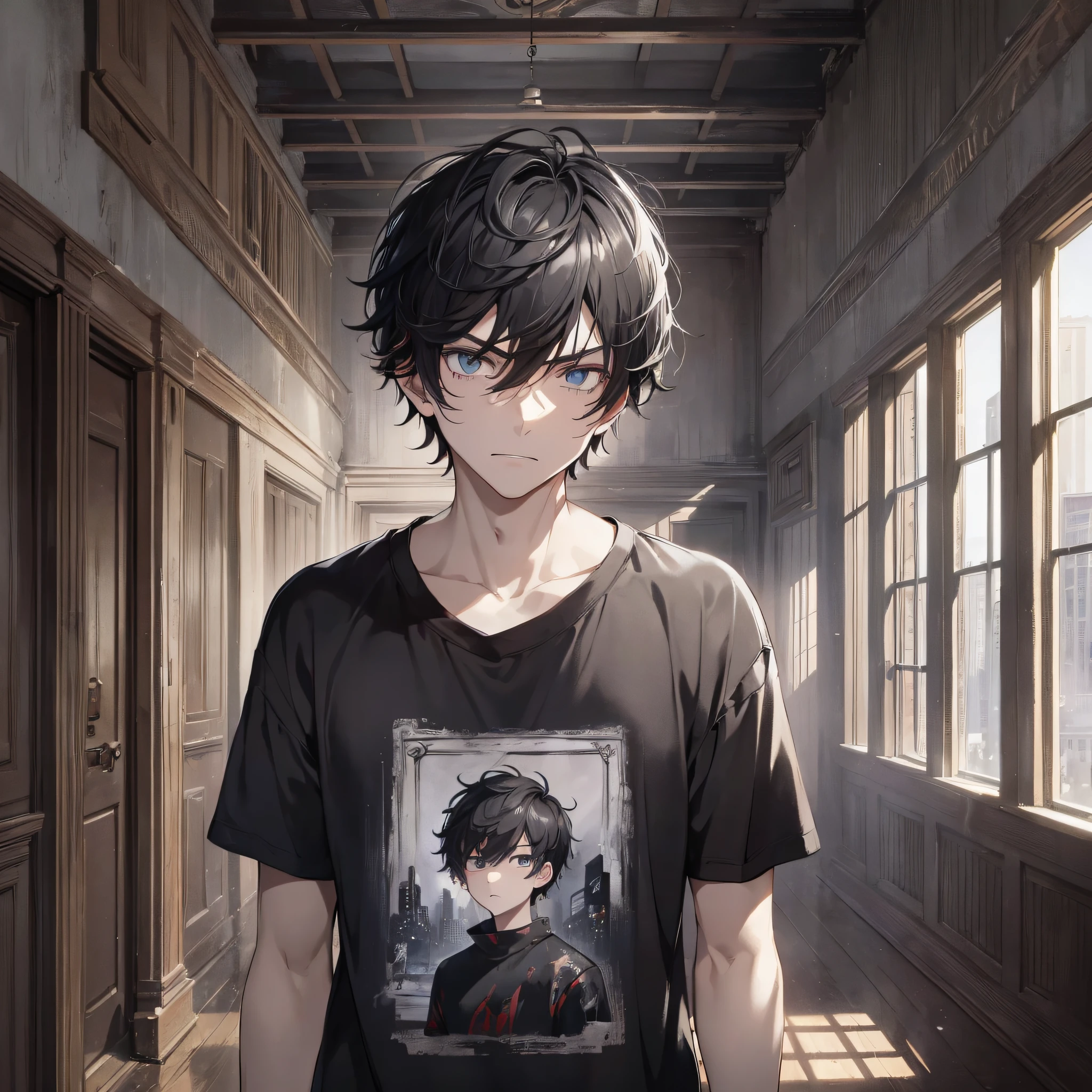 Absurd resolution, high resolution, (masterpiece: 1.4), hyper-detail, young man's messy short black hair, black casual clothes, eerie room hall, angry expression