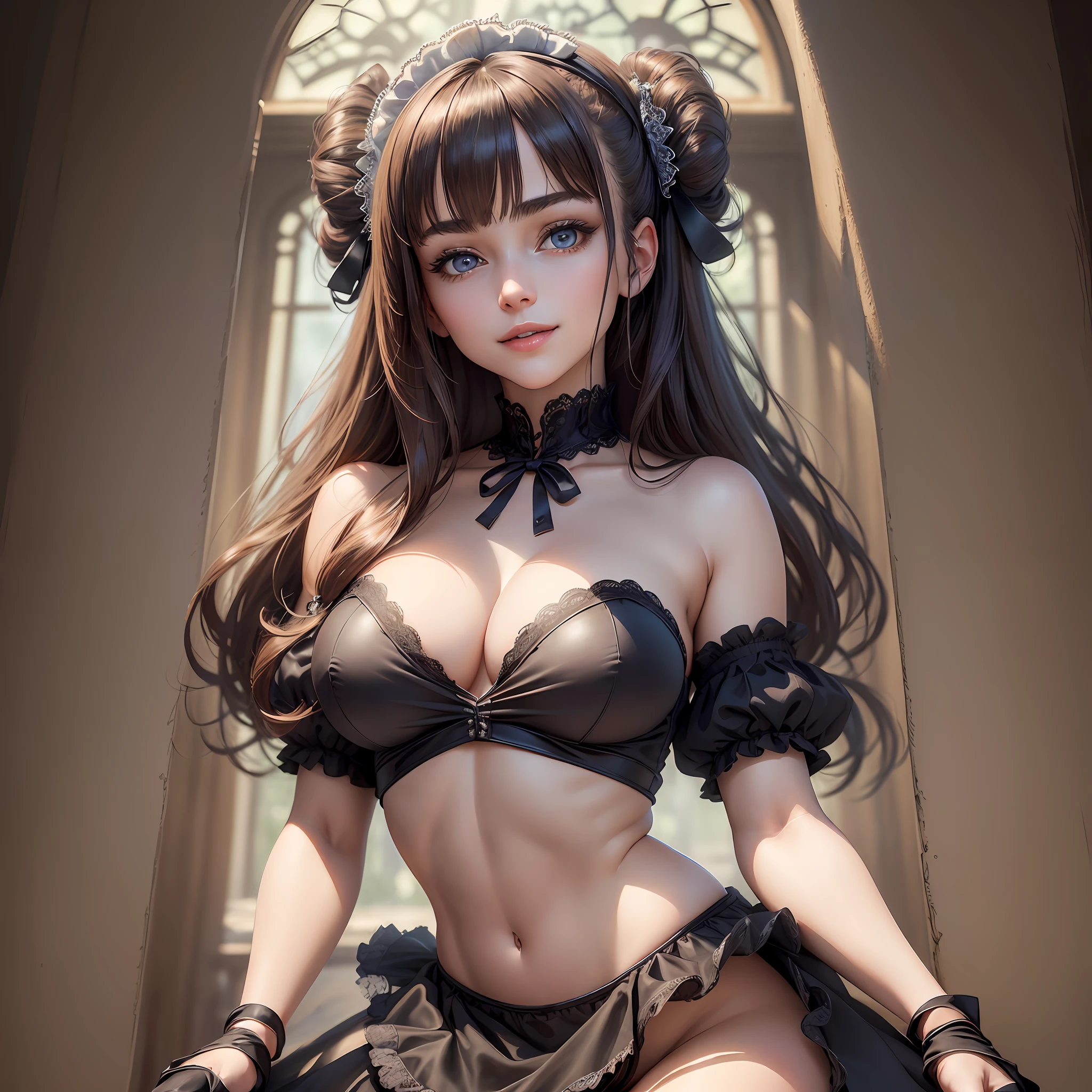 Masterpiece, top quality, ((((Realistic, Photorealistic: 1.37))), 8K, very delicate and beautiful, wonderful, official art with attention to detail, ridiculous, incredibly ridiculous, huge file size, super detailed, very detailed, (beautiful detailed girl), very detailed eyes and face, beautiful detailed eyes, light on the face, nsfw, (one girl), look at the viewer, ( Perfect female figure), slim waist, full body, big breasts, standing, pretty maid, gothic maid clothes, mini skirt, abdomen, unbuttoned, open clothing,, with bangs, feminine look, smile, --auto --s2