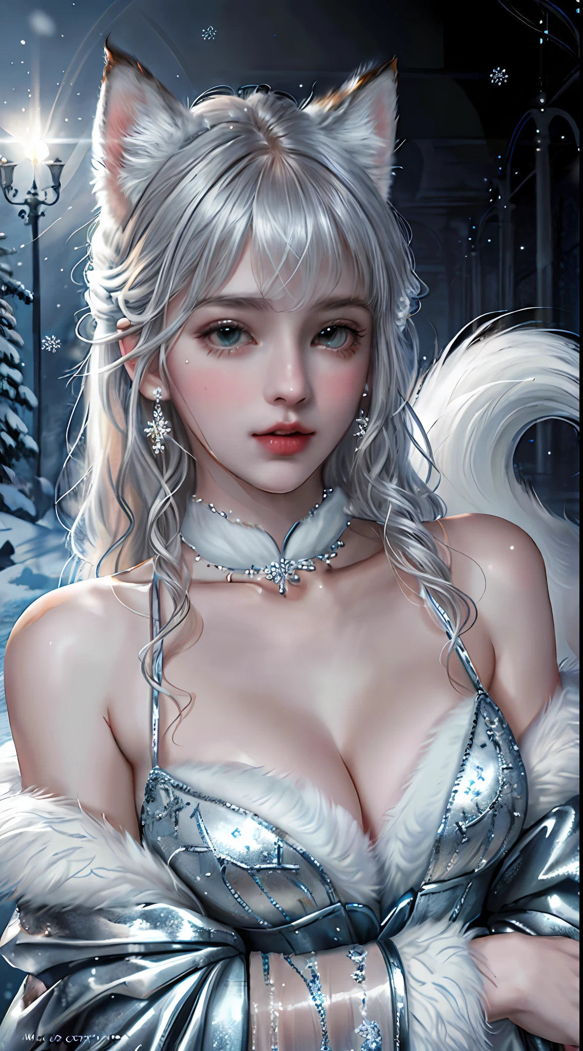 (raw photo:1.2), (photorealistic:1.4), (best quality:1.4), (ultra highres:1.2), (highly detailed:1.3), (HDR:1.2), (cinematic lighting:1.3), (detailed eyes), (facial details), (fur details), (snowy:1.2). ), Cute Fox, Standing, (3/4 Portrait: 1.2), (Furry Tail: 1.2), (Soft Fur: 1.2), (Moe: 1.2), (Looking at the Audience), (Innocent Expression), (Soft Light), (Dreamy), (Dream: 1.3), (Ethereal: 1.3), (Magic: 1.2), (Snowflake: 1.2), (Winter Wonderland: 1.3), (Whimsical: 1.2), (Fun: 1.2), Bust, Solo