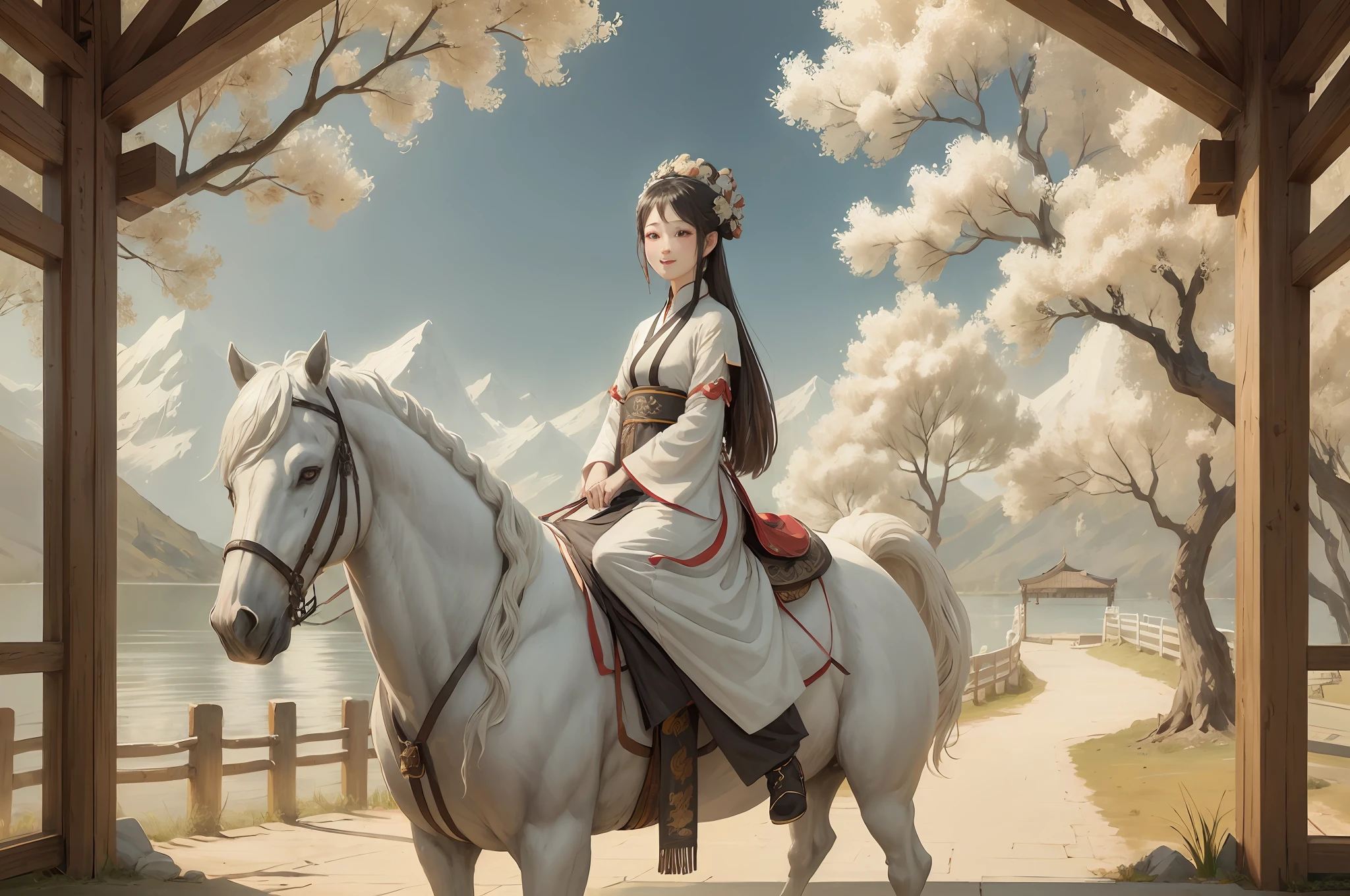 White Shuk Walking Horse, Negative Space, Sunglasses, Standing Female Statue, Willow Branch, (Masterpiece, Best Quality:1.2), Chinese Painting, Model Style, Peace, (smile), Looking at the audience, Wearing long Hanfu, Hanfu, song, willow tree in background, Wuchang Shuo, on the top of the mountain,