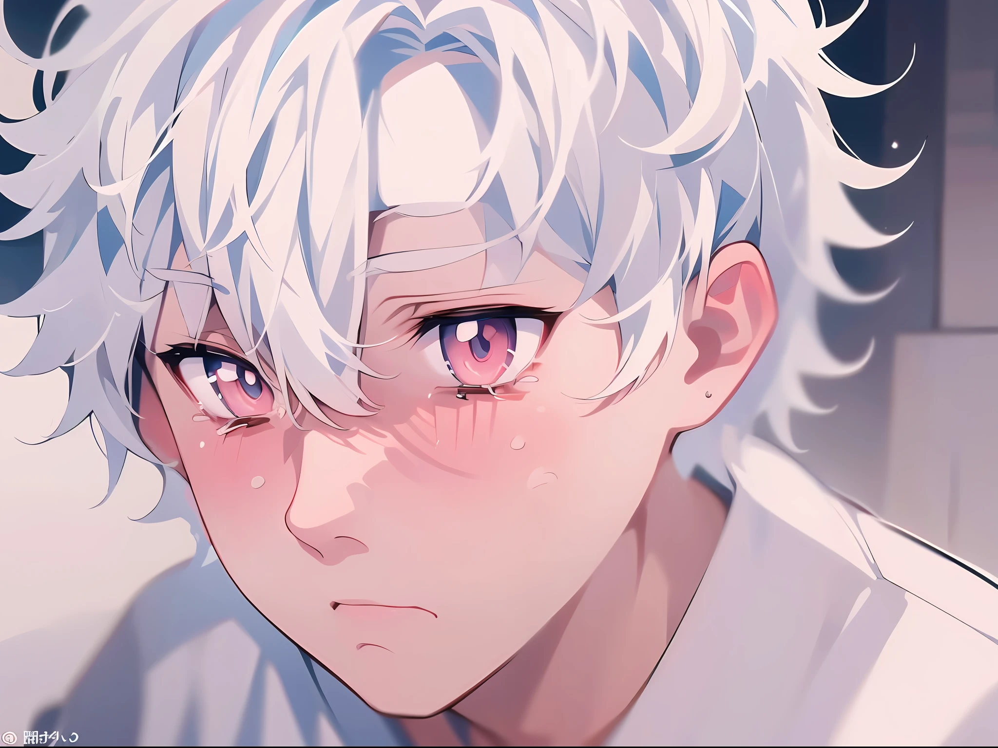(anime style + soft cute) boy, white hair, white shirt, sadness + crying, ground + close-up, manga rendering, fresh and simple, tearful.