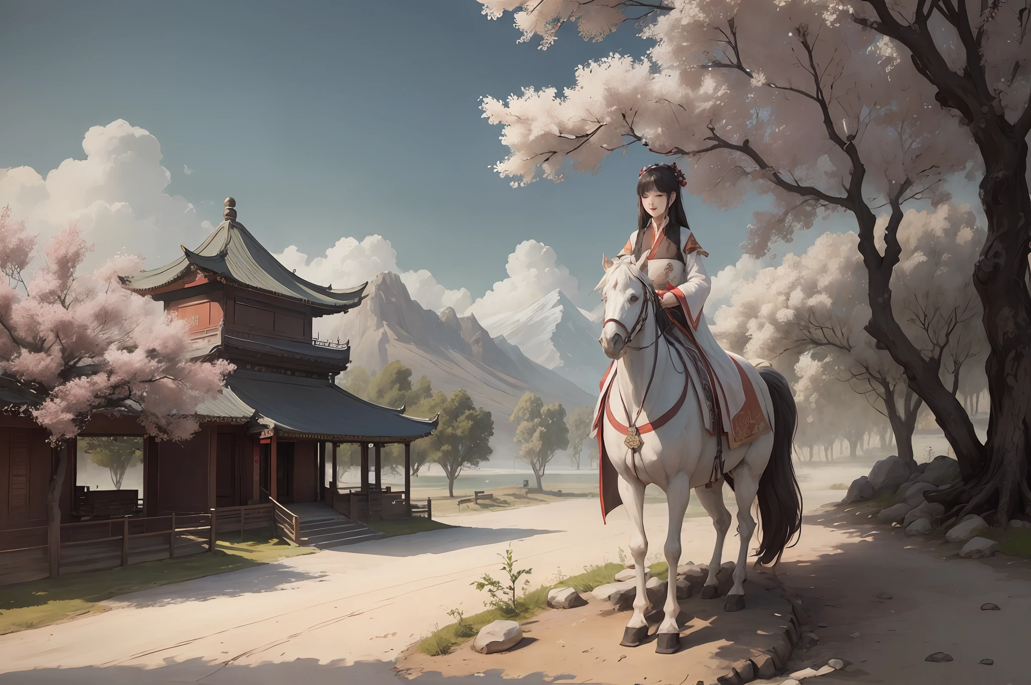 White Shuk Walking Horse, Negative Space, Sunglasses, Standing Female Statue, Willow Branch, (Masterpiece, Best Quality:1.2), Chinese Painting, Model Style, Peace, (smile), Looking at the audience, Wearing long Hanfu, Hanfu, song, willow tree in background, Wuchang Shuo, on the top of the mountain,