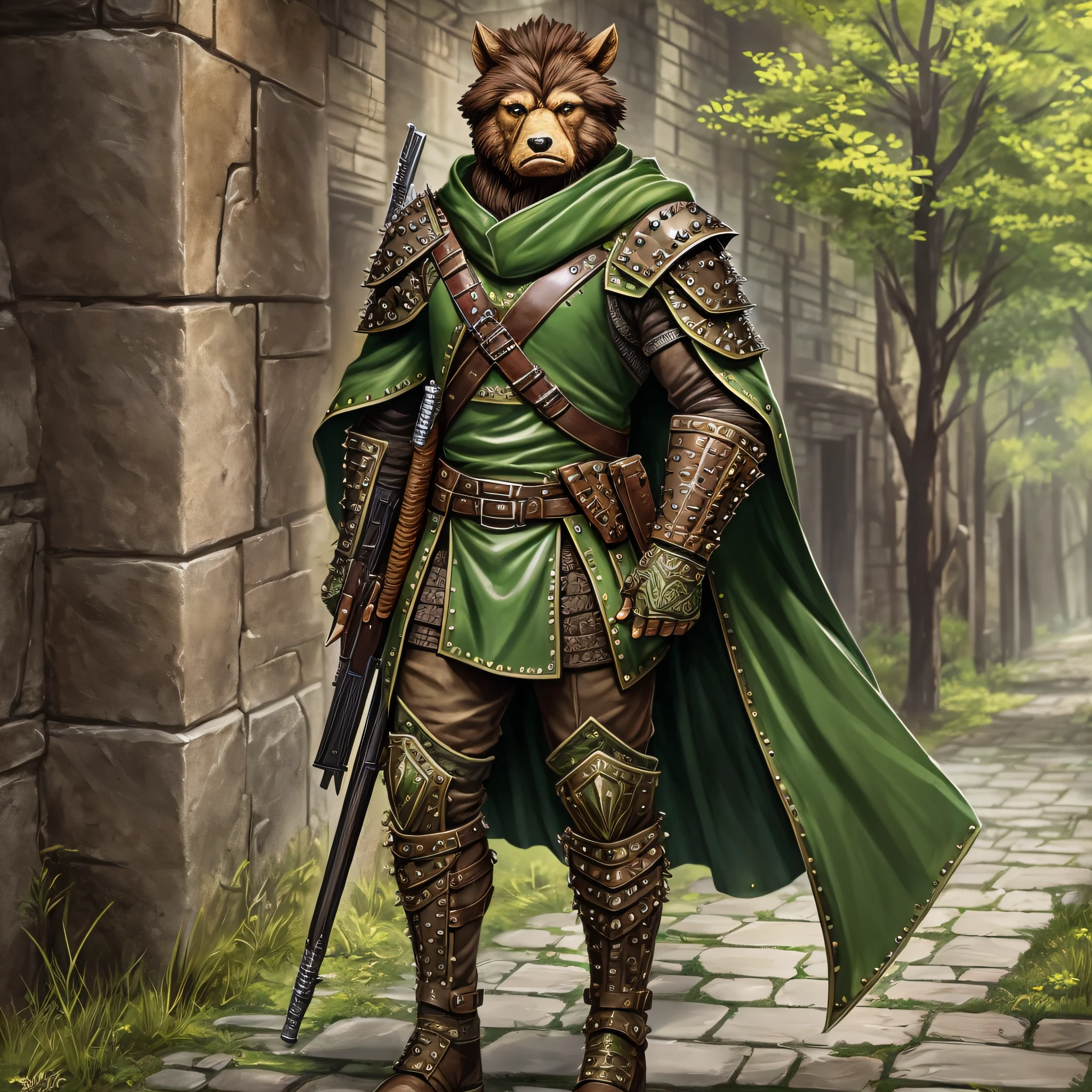 Full Body, Bugbear with short brown hair epic, intense details, Ranger armed with shotgun Masterpiece, intense details. Wearing studded leather armor and green cloak in urban background צשsterpiece, intense details. dnd art --auto --s2