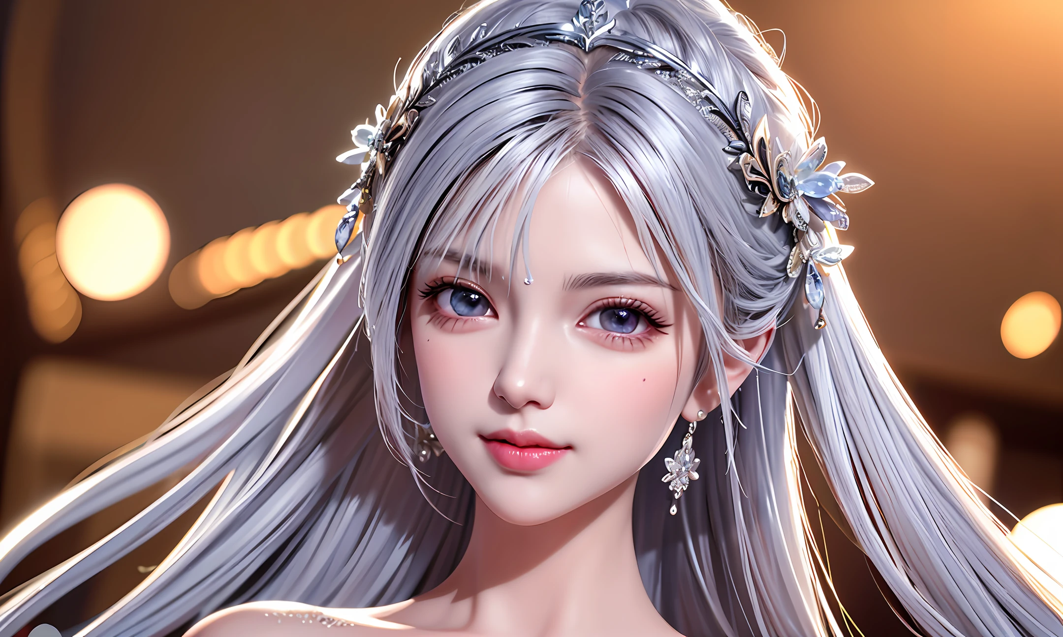 (Masterpiece: 1.4, Best Quality), (Intricate Detail), Unity 8k wallpaper, super detailed, beautiful and beautiful, perfect lighting, (1 girl), (silver hair, dark eyes, medium breasts), dynamic pose, dynamic angle, lipstick, medium breasts, detailed background, realistic, solo, perfect detailed face, detailed eyes, high detail, blush, hair ornament, smile