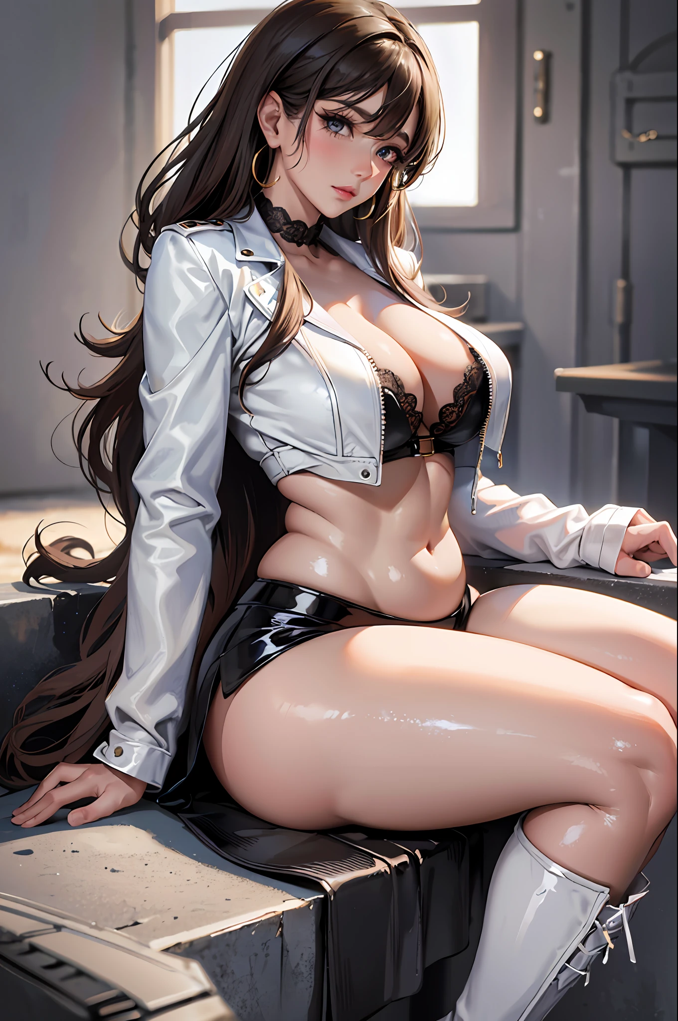 constriction, big, battlefield female commander, cool smart and beautiful woman, high resolution, 8k, high detail, super detail, textured skin, anatomically correct, plump, big, most beautiful big eyes, long eyelashes, looking at the camera, 8k, hdr, rtx, best quality, masterpiece, absurdity, beautiful muscles mature and mysterious woman, masterpiece, (big, wet body, with presence, attractive face, big eyelashes , shiny skin, 20 years old, blush, sexy) earrings, background blurred, professional lighting, cleavage, white leather jacket on top, white shirt, black skirt, black boots, black high boots, high heel boots, long legs, sitting on a chair cross-legged, white lace panties, light wavy hair, narrow eyes, dark brown hair, bangs,