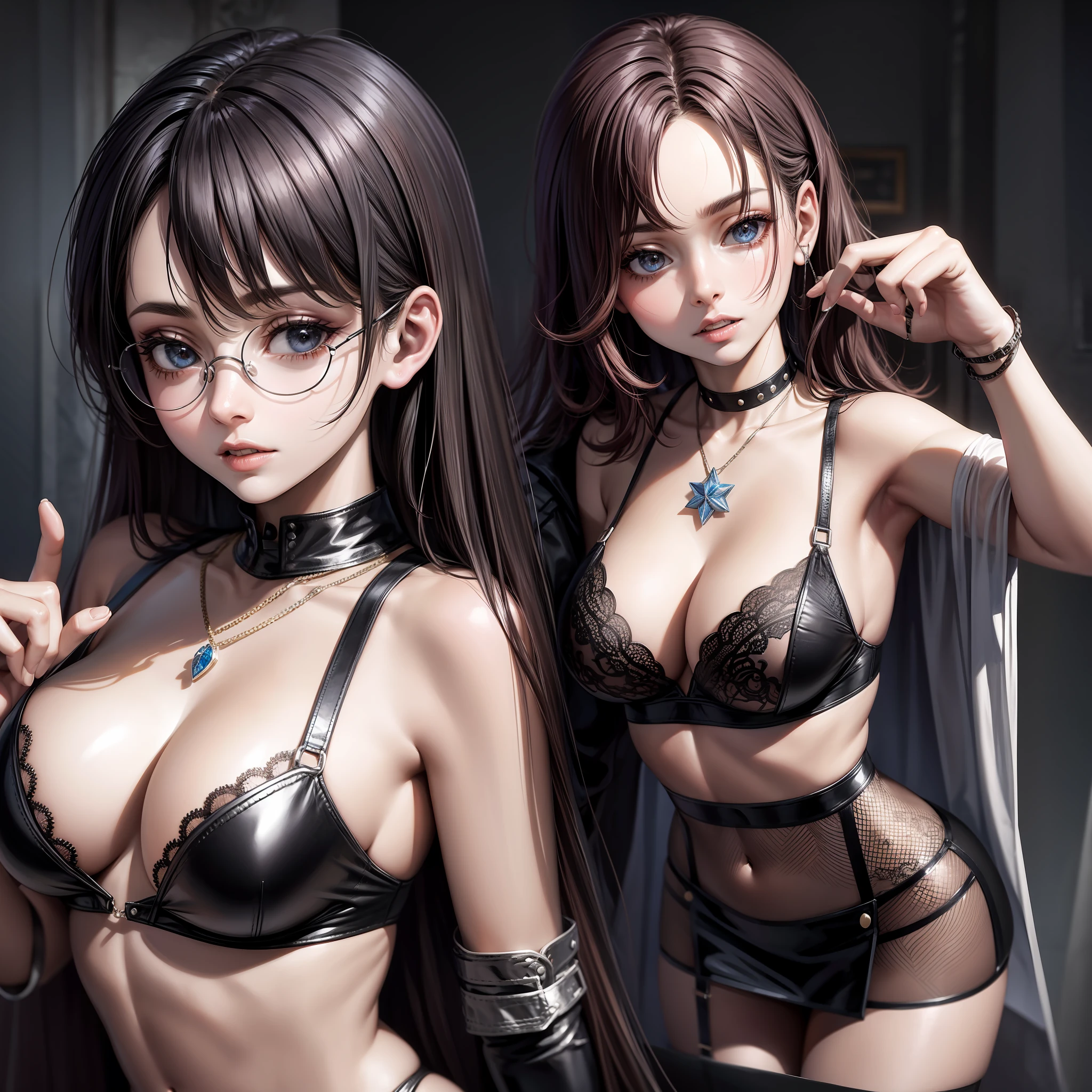 Harry Potter characters taking self in group, see-through lingerie, leather clothing, mini-skirt