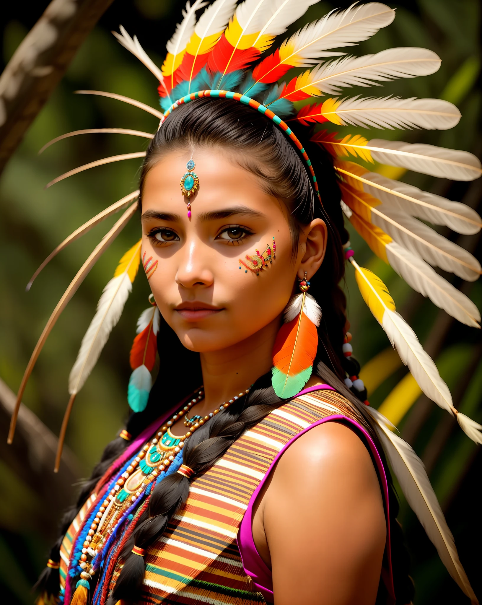arafed woman in native dress with feathers and feathers on her head, amazon indian peoples in brazil, beautiful young female shaman, portrait of a young pocahontas, aztec princess portrait, indian girl with brown skin, wearing crown of bright feathers, native american, closeup portrait shot, a young female shaman, wearing a native american choker, girl with feathers
