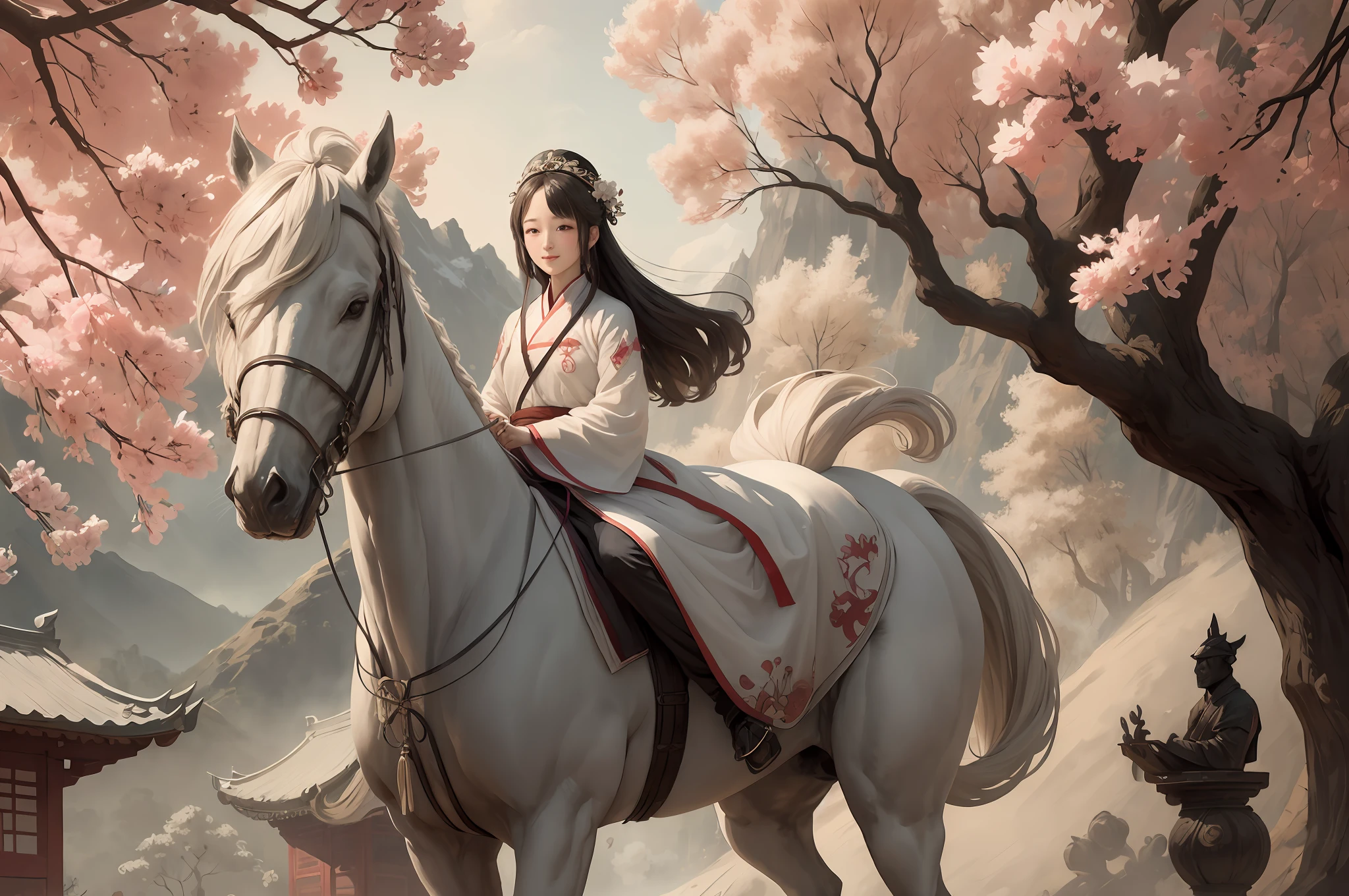 White Shuk Walking Horse, Negative Space, Sunglasses, Standing Female Statue, Willow Branch, (Masterpiece, Best Quality:1.2), Chinese Painting, Model Style, Peace, (smile), Looking at the audience, Wearing long Hanfu, Hanfu, song, willow tree in background, Wuchang Shuo, on the top of the mountain,