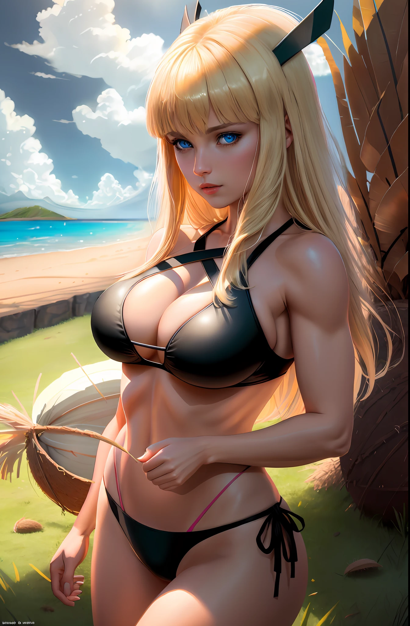 Magik (from x-men, perfect blue eyes, long blonde hair with bangs, medium breasts, strong toned body:1,4) in Hawaii (((wearing coconut bra, and grass panties)))), masterpiece:1,2, best quality:1,2, ultra-detailed:1,2, CG illustration, high resolution:1,2, better lighting, better shadow, extremely delicate and beautiful, proper shading, HD, 8k, ray tracing