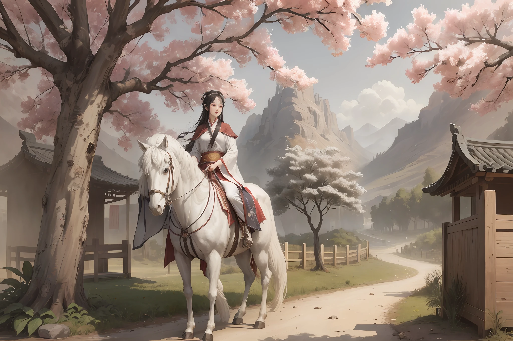 White Shuk Walking Horse, Negative Space, Sunglasses, Standing Female Statue, Willow Branch, (Masterpiece, Best Quality:1.2), Chinese Painting, Model Style, Peace, (smile), Looking at the audience, Wearing long Hanfu, Hanfu, song, willow tree in background, Wuchang Shuo, on the top of the mountain,