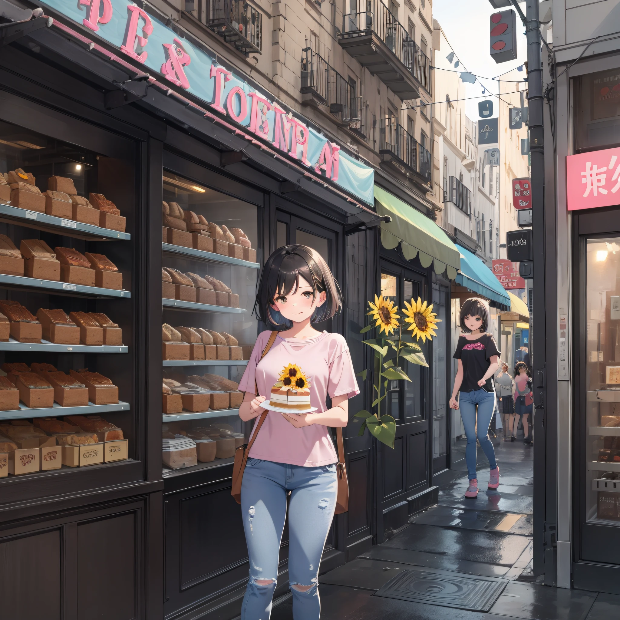 A cute short-haired girl with sunflowers in her hand, looking at the cake shop next to her, the streets of the city, the pedestrians passing by are very indifferent, the girl is wearing pink short sleeves and jeans, very happy, the sign says Happy Birthday