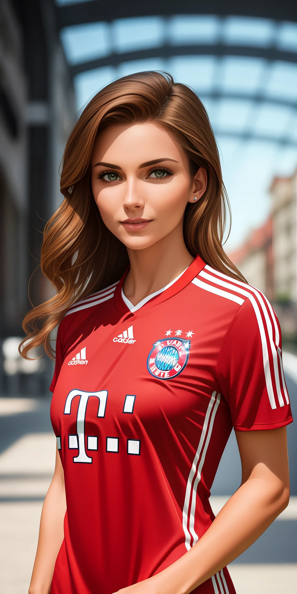 Beautiful woman, Milf, wearing an FC Bayern Munchen soccer Jersey, light brown hair, soft lighting, summer city background, perfect hands