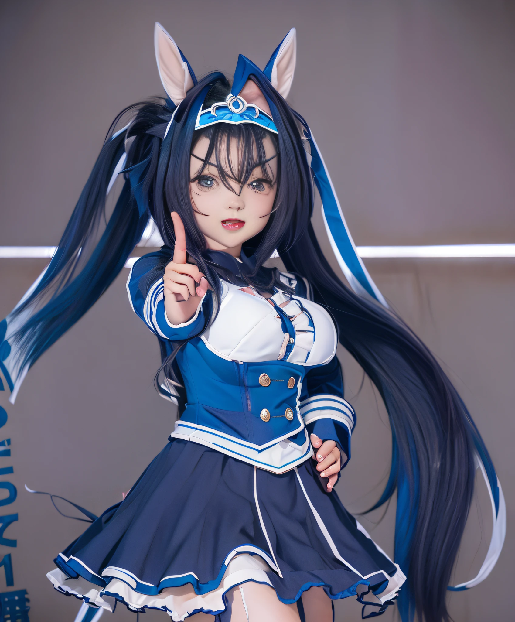 Umamusume, cartoon girl in a blue military dress with long hair and horse ears