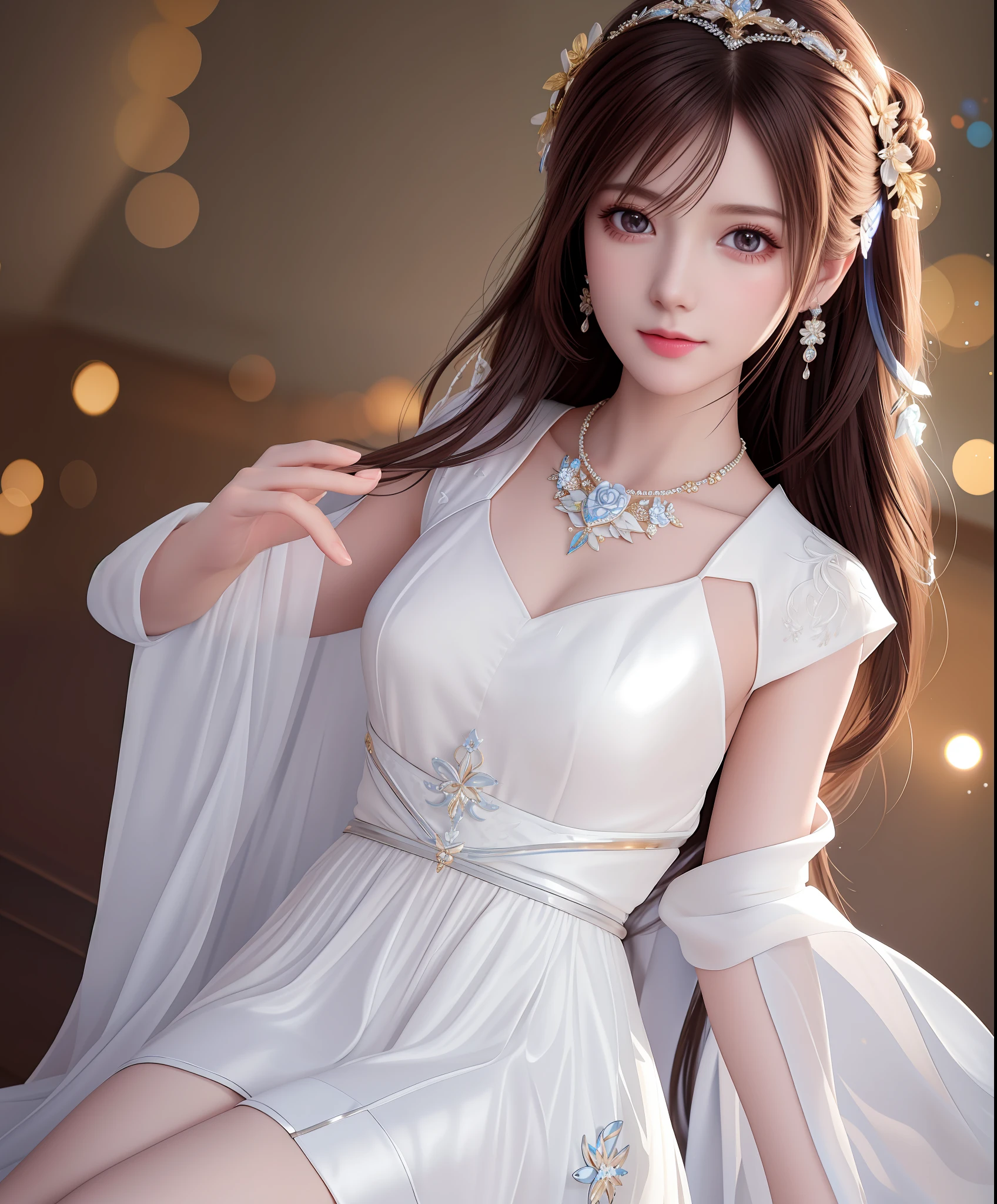 Best Quality, Masterpiece, High Resolution, 1Girl, Porcelain Dress, Hair Accessories, Necklace, Jewelry, Beautiful Face, Physical, Tyndall Effect, Realistic, Dressed in White Long Dress, Edge Lighting, Two-tone Lighting, (High Detail Skin: 1.2), 8K UHD, DSLR, Soft Light, High Quality, Volumetric Light, Voy Shot, Photo, High Resolution, 4K, 8K, Bokeh,