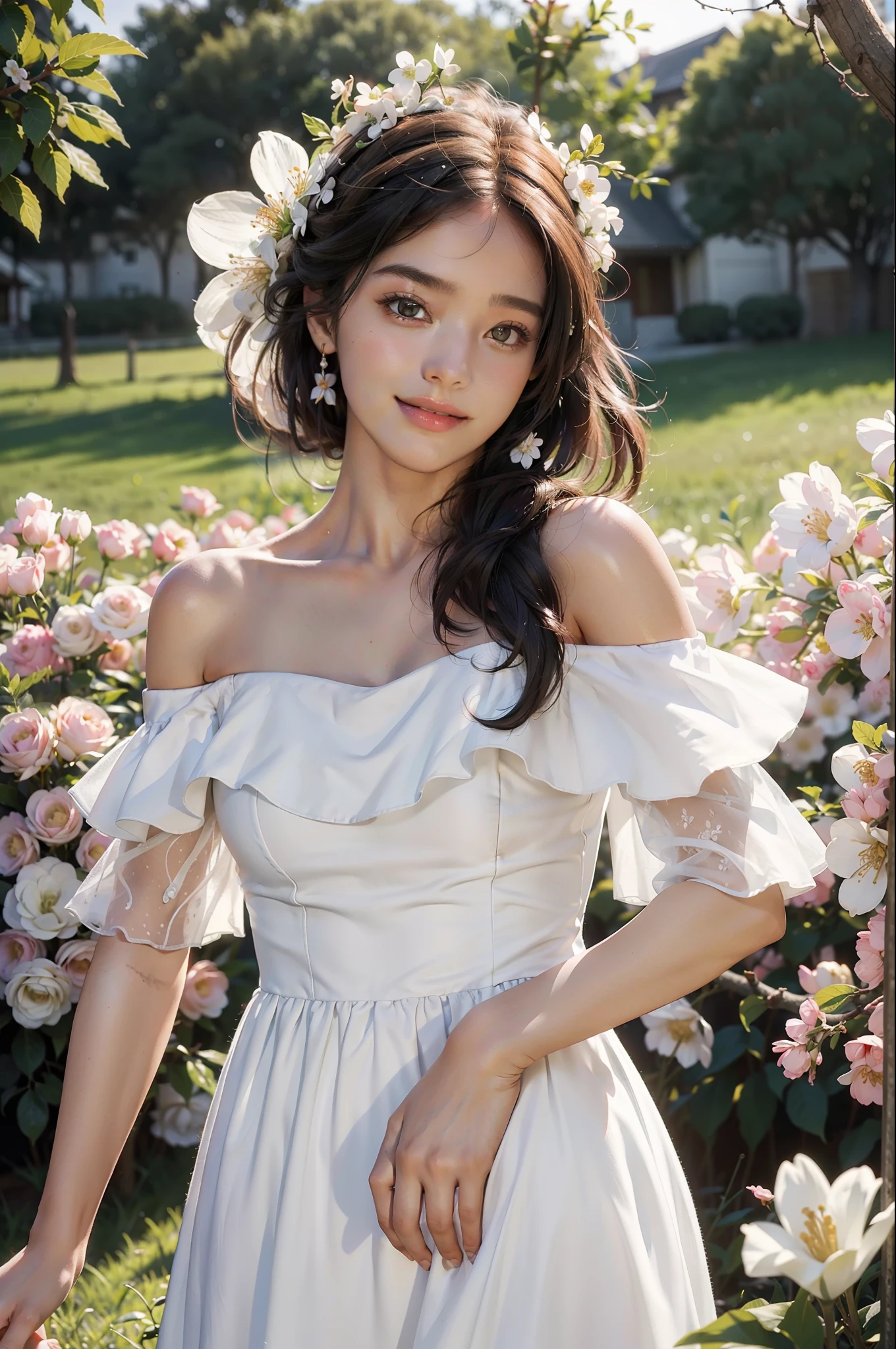 Best quality, masterpiece, ultra high res, (photorealistic:1.4), raw photo, 1girl, white dress, off shoulder, blossom flower field, glowing skin, light smile